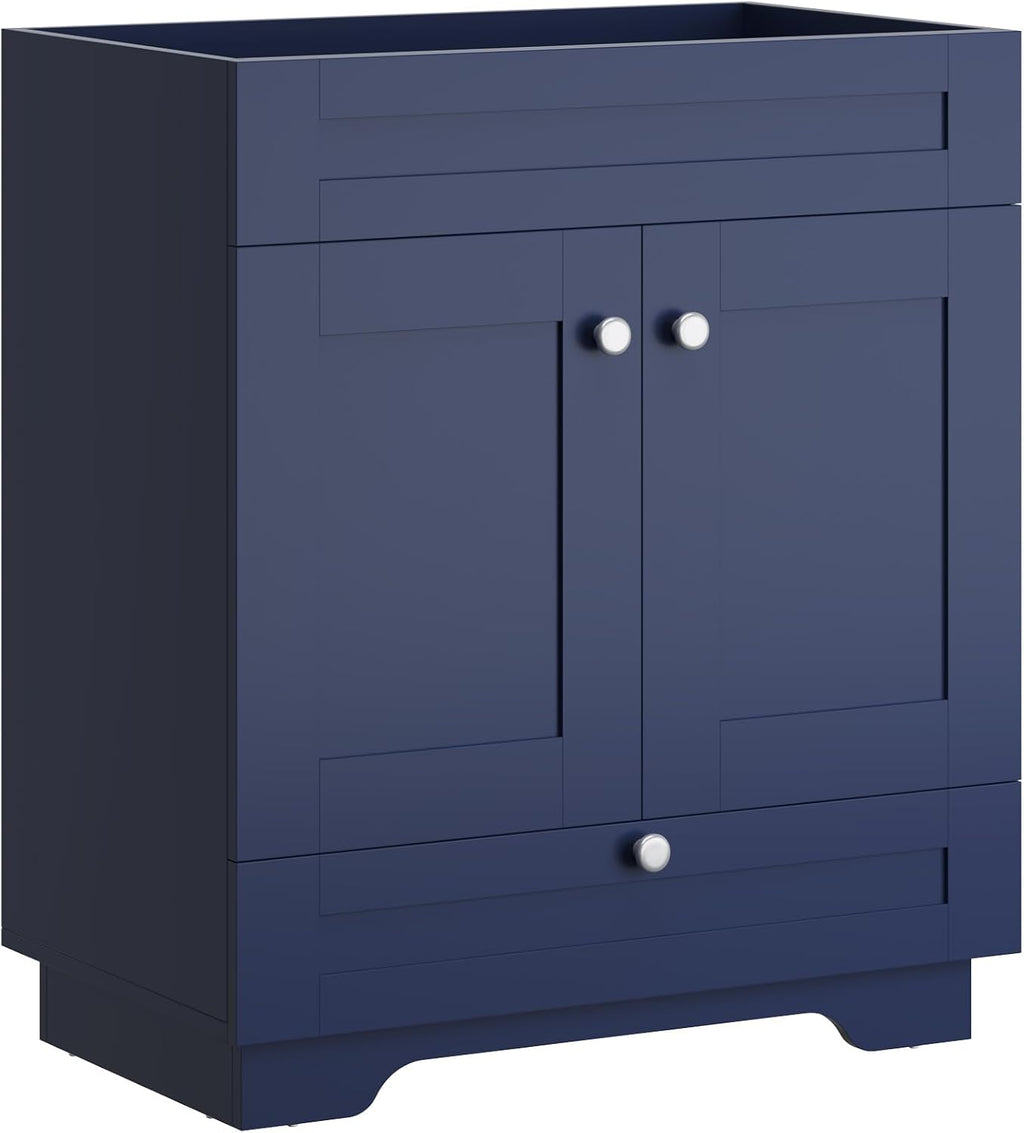 30" Bathroom Vanity Base, Floor Mounted Vanity Base Cabinet with Soft Close Drawer and 2 Doors, Knobs, Navy Blue
