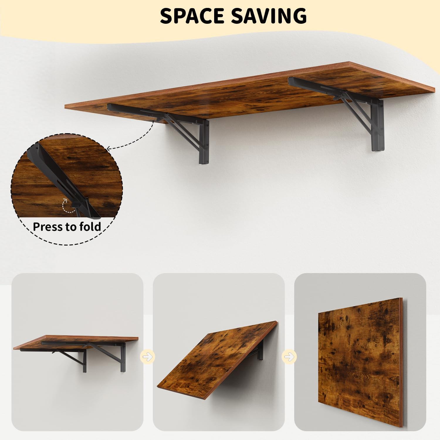 GOYLSER Wall Mounted Folding Table for Office, Rustic Brown Fold Down Desk Laundry Folding Table Wall Mounted for Laundry Room/Home Kitchen, Length 47" Width 20.5"