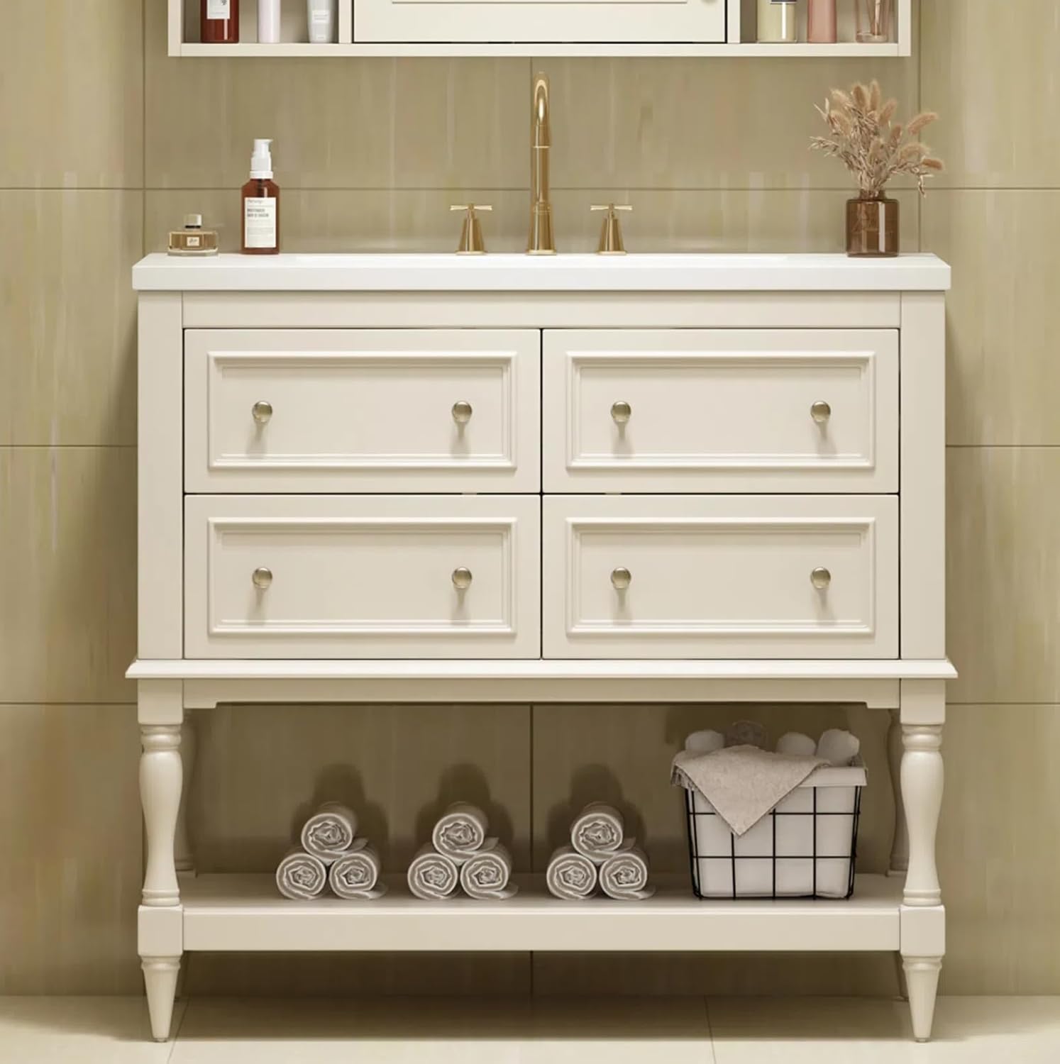 36'' Bathroom Vanity with Single Sink, Freestanding Sink Cabinet with 4 Drawers and Open Shelf, Solid Wood Frame Bathroom Storage Cabinet