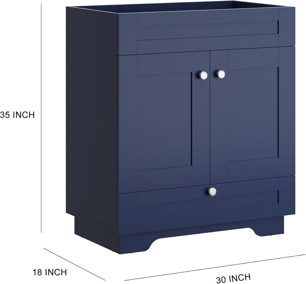 30" Bathroom Vanity Base, Floor Mounted Vanity Base Cabinet with Soft Close Drawer and 2 Doors, Knobs, Navy Blue