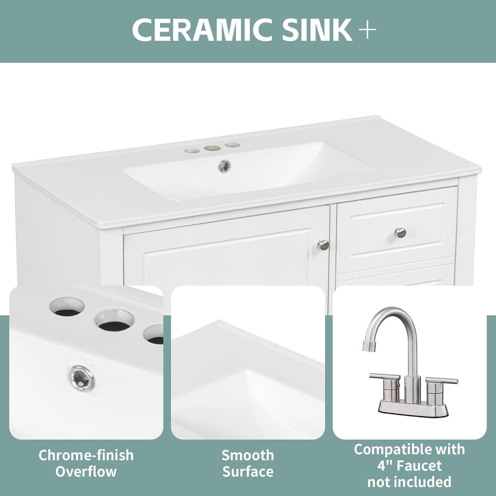 36" Bathroom Vanity with Ceramic Sink, MDF & Solid Wood Base, 3 Drawers and Shelves, Freestanding Vanity Cabinet with 4-Inch Faucet Holes, White Color