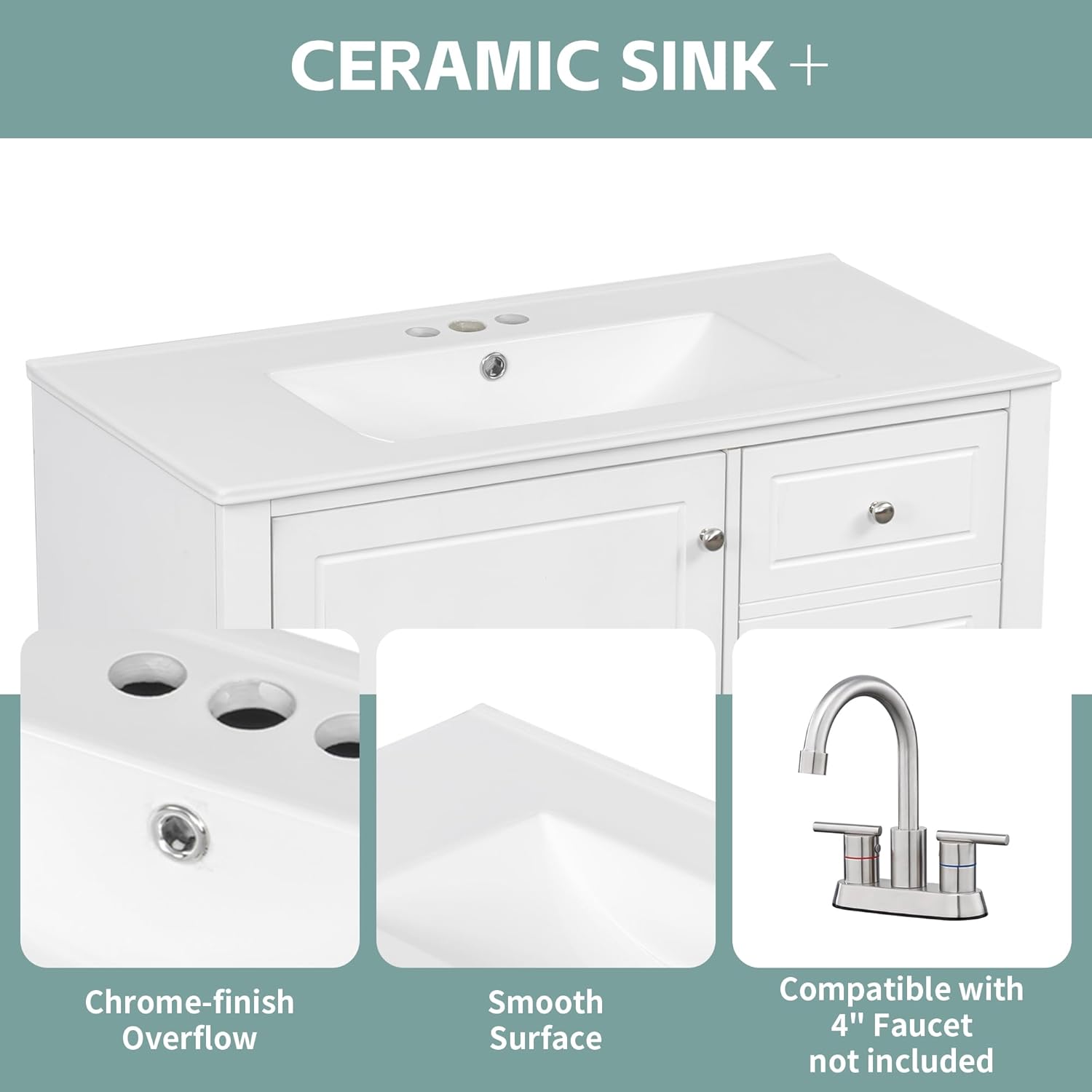 36" Bathroom Vanity with Ceramic Sink, MDF & Solid Wood Base, 3 Drawers and Shelves, Freestanding Vanity Cabinet with 4-Inch Faucet Holes, White Color