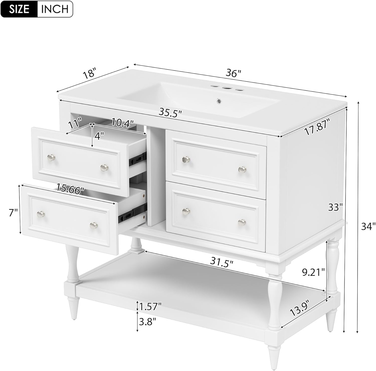 36'' Bathroom Vanity with Single Sink, Freestanding Sink Cabinet with 4 Drawers and Open Shelf, Solid Wood Frame Bathroom Storage Cabinet