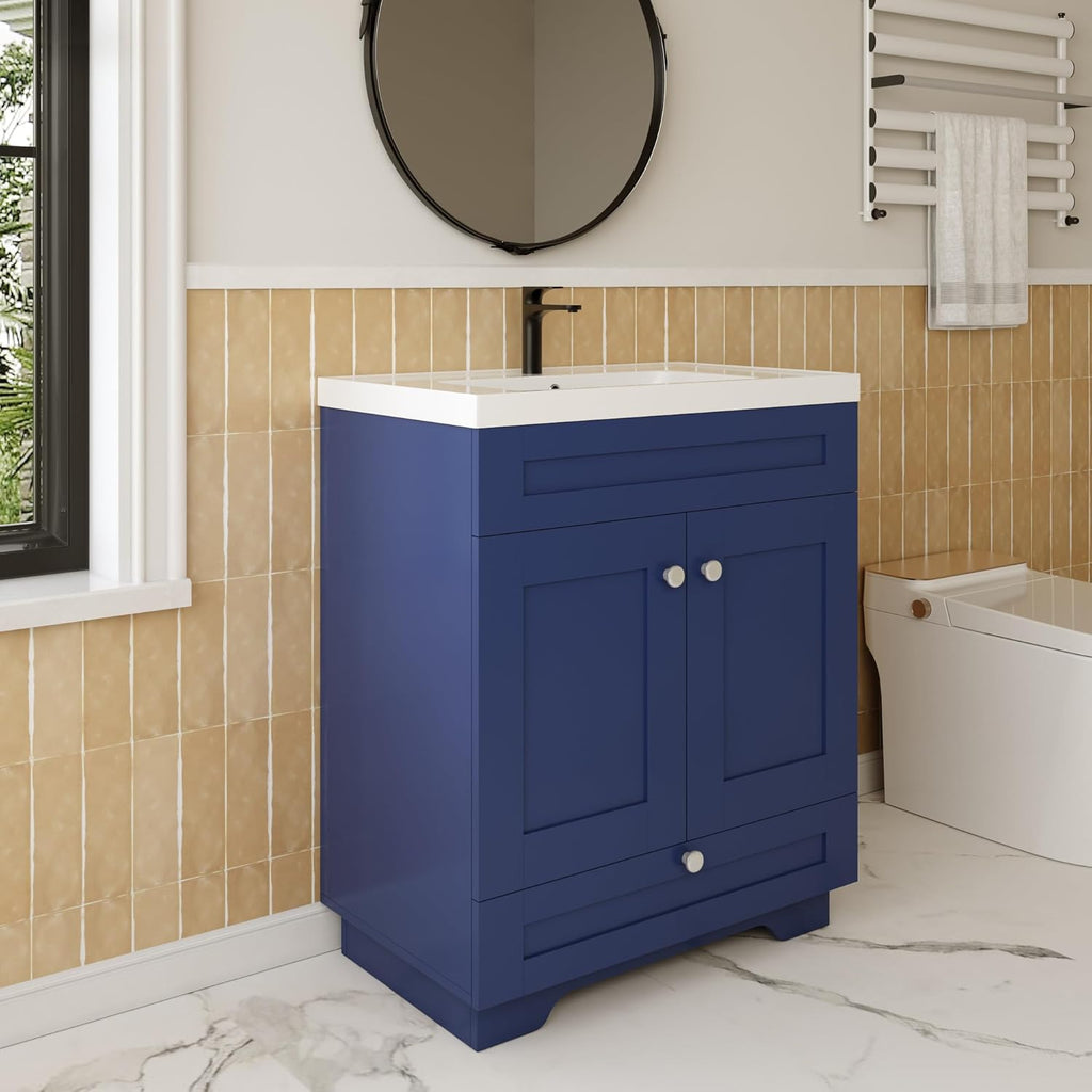 30" Bathroom Vanity Base, Floor Mounted Vanity Base Cabinet with Soft Close Drawer and 2 Doors, Knobs, Navy Blue