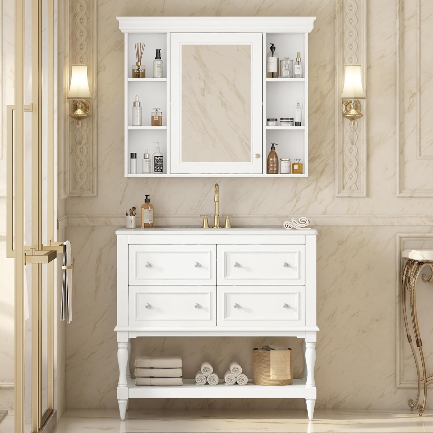 36'' Bathroom Vanity with Single Sink, Freestanding Sink Cabinet with 4 Drawers and Open Shelf, Solid Wood Frame Bathroom Storage Cabinet