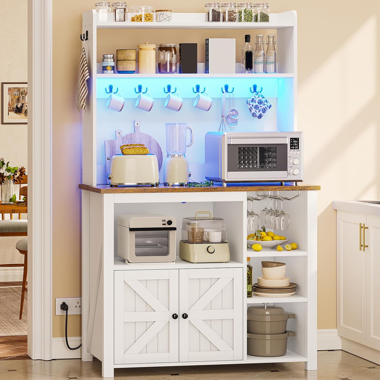 Itaar 35.4 inch Bakers Rack with Power Outlet and Storage, Farmhouse Coffee Bar Cabinet, Microwave Stand Kitchen Cabinet with Hutch, LED Lights, Wine Glass Holder and 8 Hooks，White