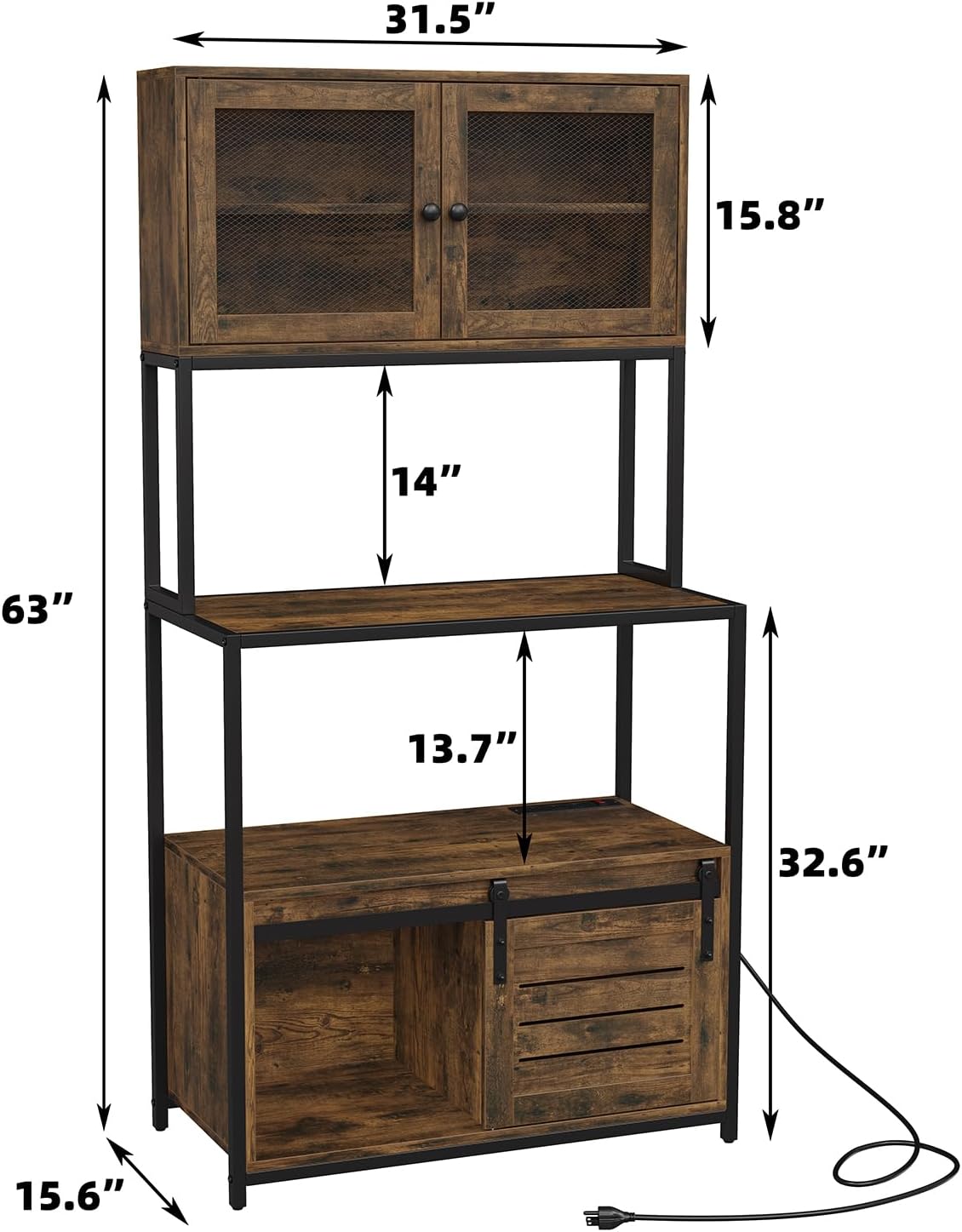 Furniouse 6-Tier Kitchen Bakers Rack with Power Outlet, Industrial Microwave Oven Stand with Shelves, Kitchen Utility Storage Shelf with Cabinet, Standing Storage Rack (Rustic Brown)