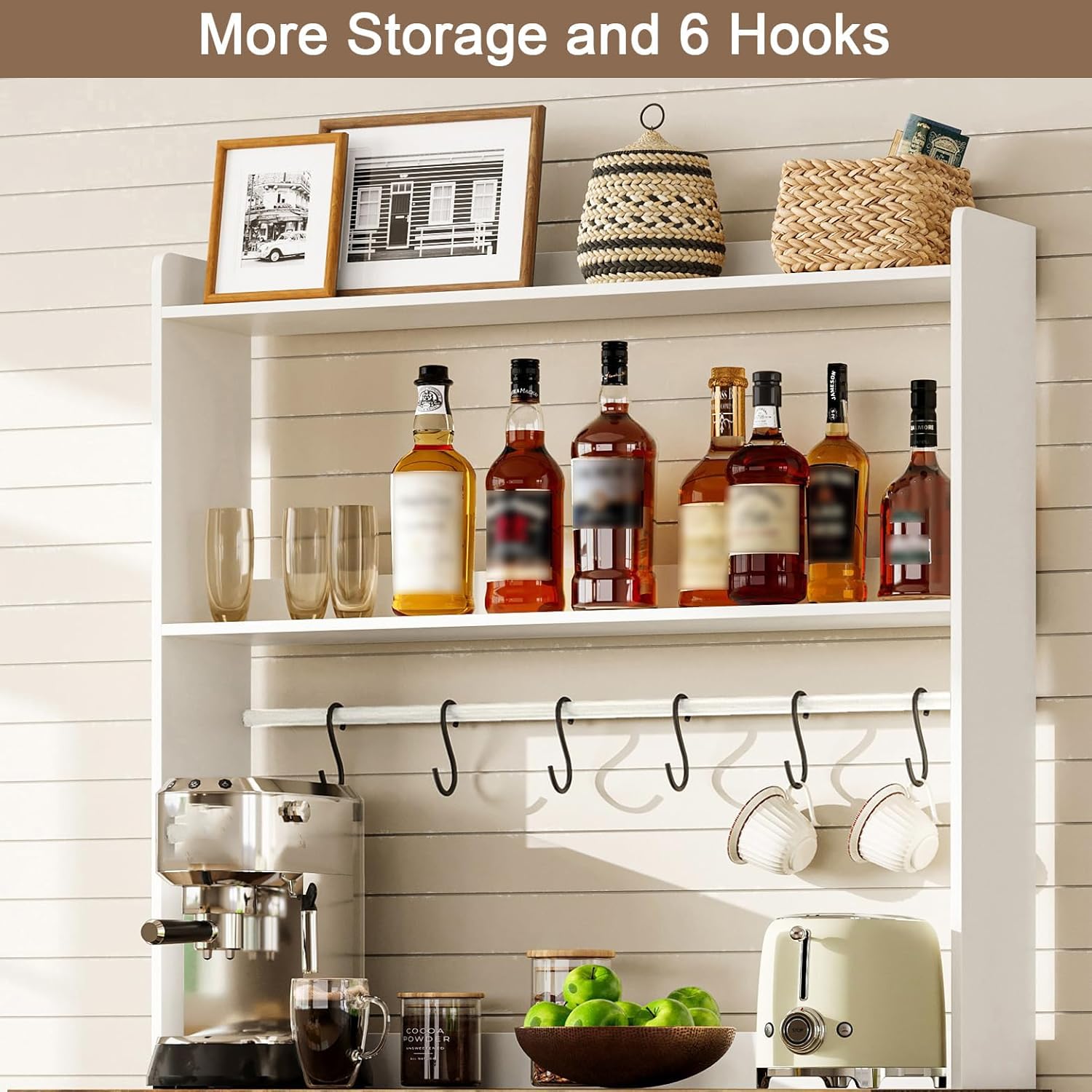 ChooChoo Farmhouse Bakers Rack with Power Outlets and Storage, Coffee Bar Cabinet with Storage, Microwave Stand Kitchen Cabinet with Hutch and 6 Hooks, Soft White & Brown