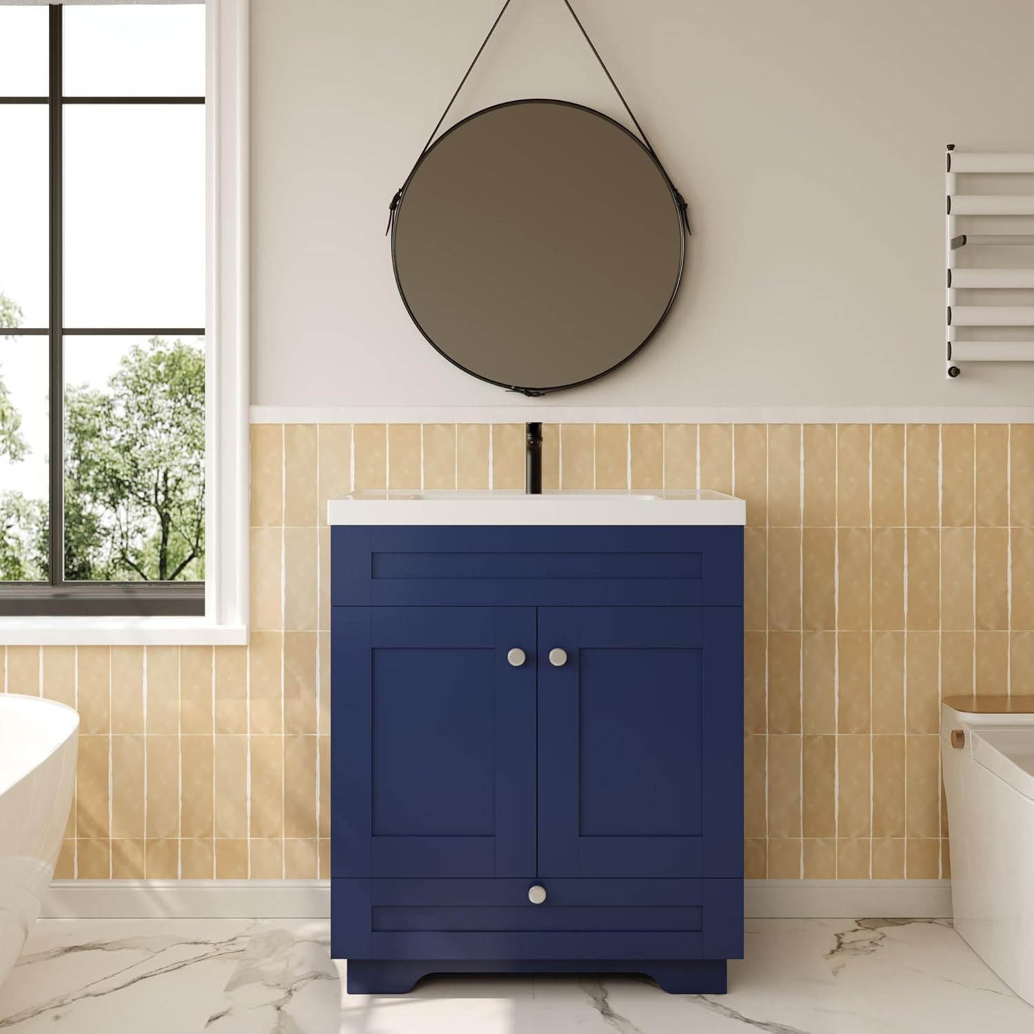 30" Bathroom Vanity Base, Floor Mounted Vanity Base Cabinet with Soft Close Drawer and 2 Doors, Knobs, Navy Blue