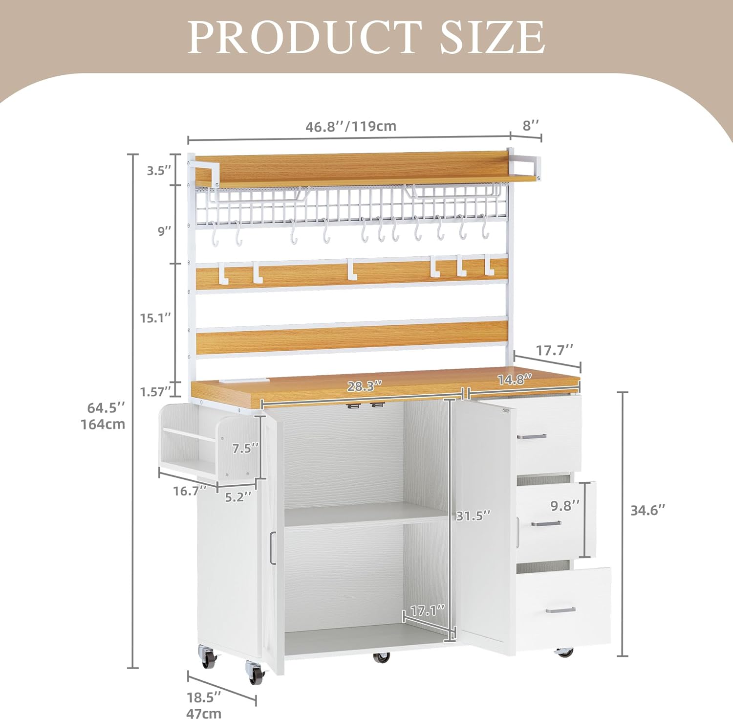 DWVO Farmhouse Bakers Rack with Power Outlet and LED Light, 53 inch Coffee Bar Cabinet Station with Storage, Microwave Stand on Wheels, with Wine Racks, Shelves, Goblet Holder and 14-S Hooks (White)