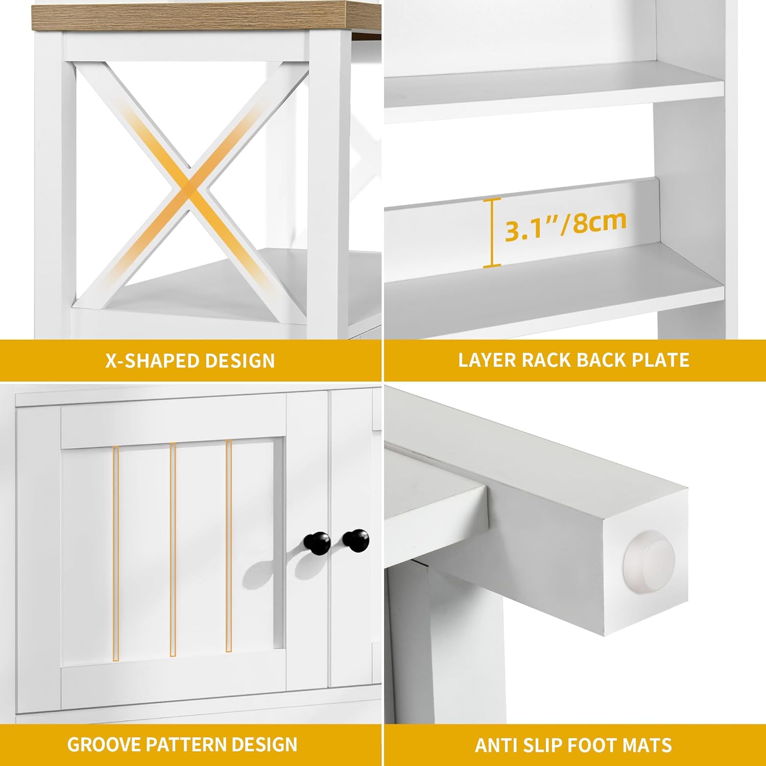 DWVO White Baker Rack with Power Outlet and Storage, Farmhouse Microwave Stand with Door for Kitchen, 5-Tiers Tall Coffee Bar Station Cabinet Thickened Counter with Hutch Shelves