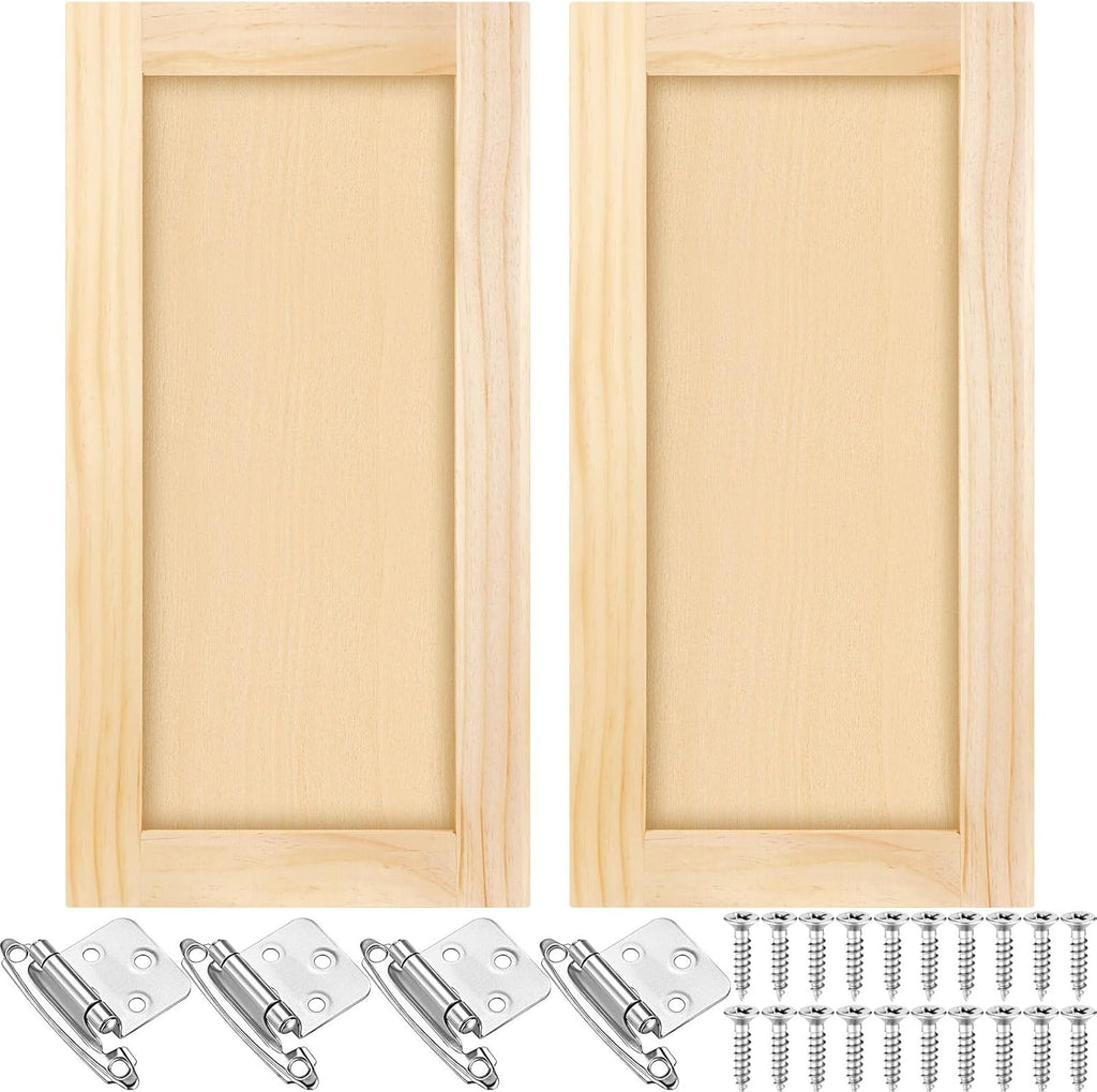 2 Pcs 12'' W x 24'' H Unfinished Pine Kitchen Cabinet Door Replacement with 4 Pcs Cabinet Hinges Wood Shaker Door Front Replacement for Kitchen, Bathroom, Vanity