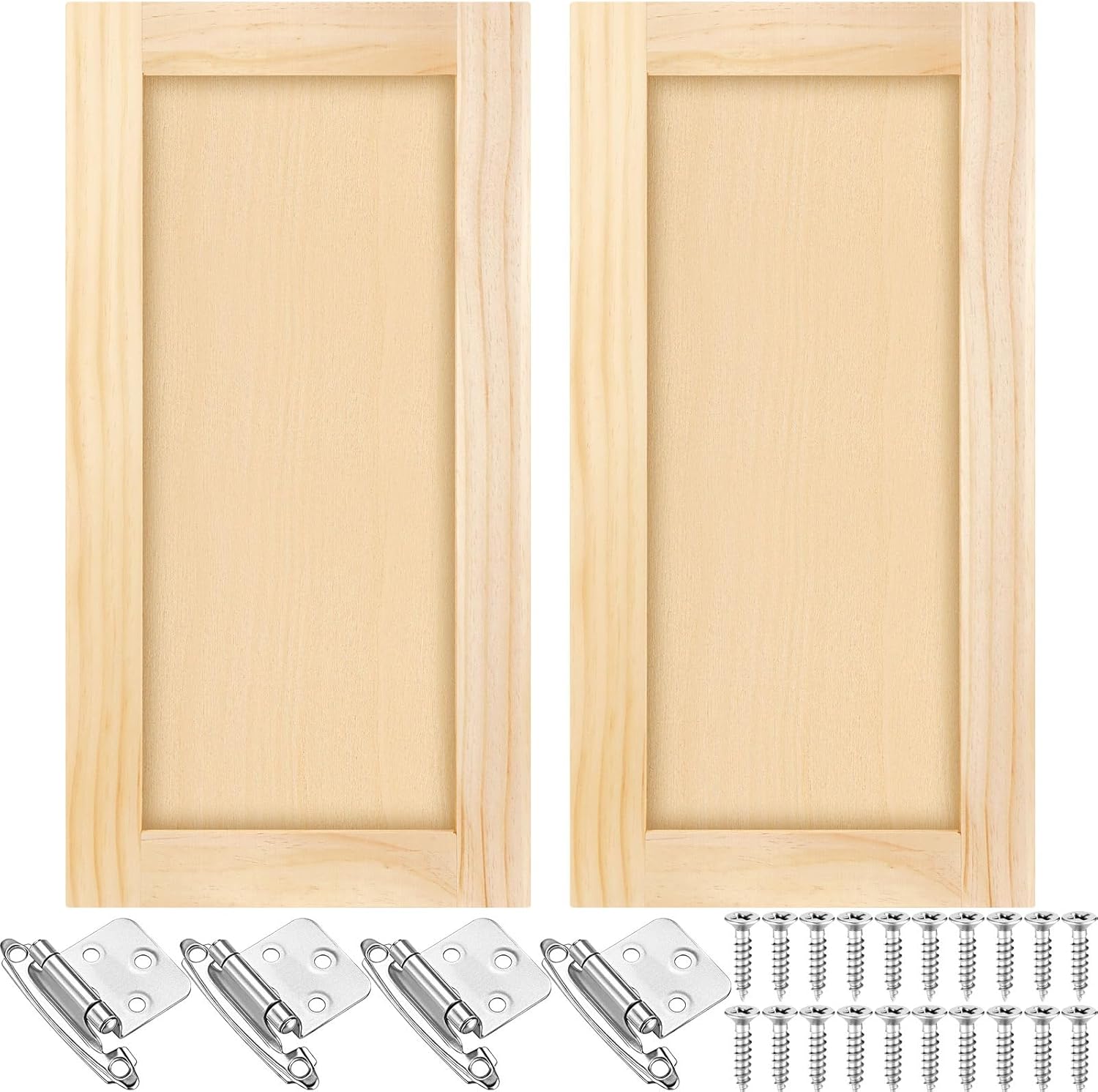2 Pcs 12'' W x 24'' H Unfinished Pine Kitchen Cabinet Door Replacement with 4 Pcs Cabinet Hinges Wood Shaker Door Front Replacement for Kitchen, Bathroom, Vanity