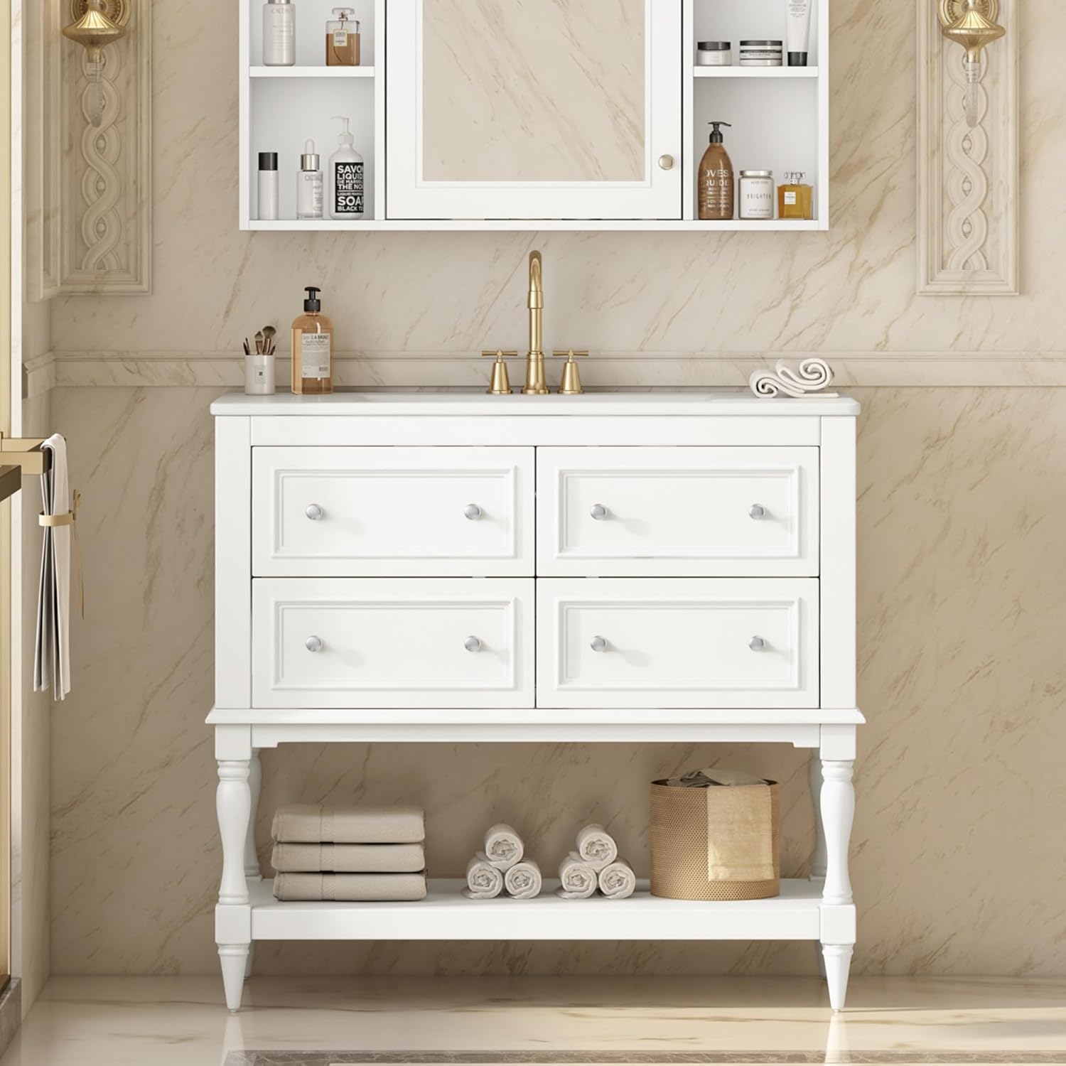 36'' Bathroom Vanity with Single Sink, Freestanding Sink Cabinet with 4 Drawers and Open Shelf, Solid Wood Frame Bathroom Storage Cabinet