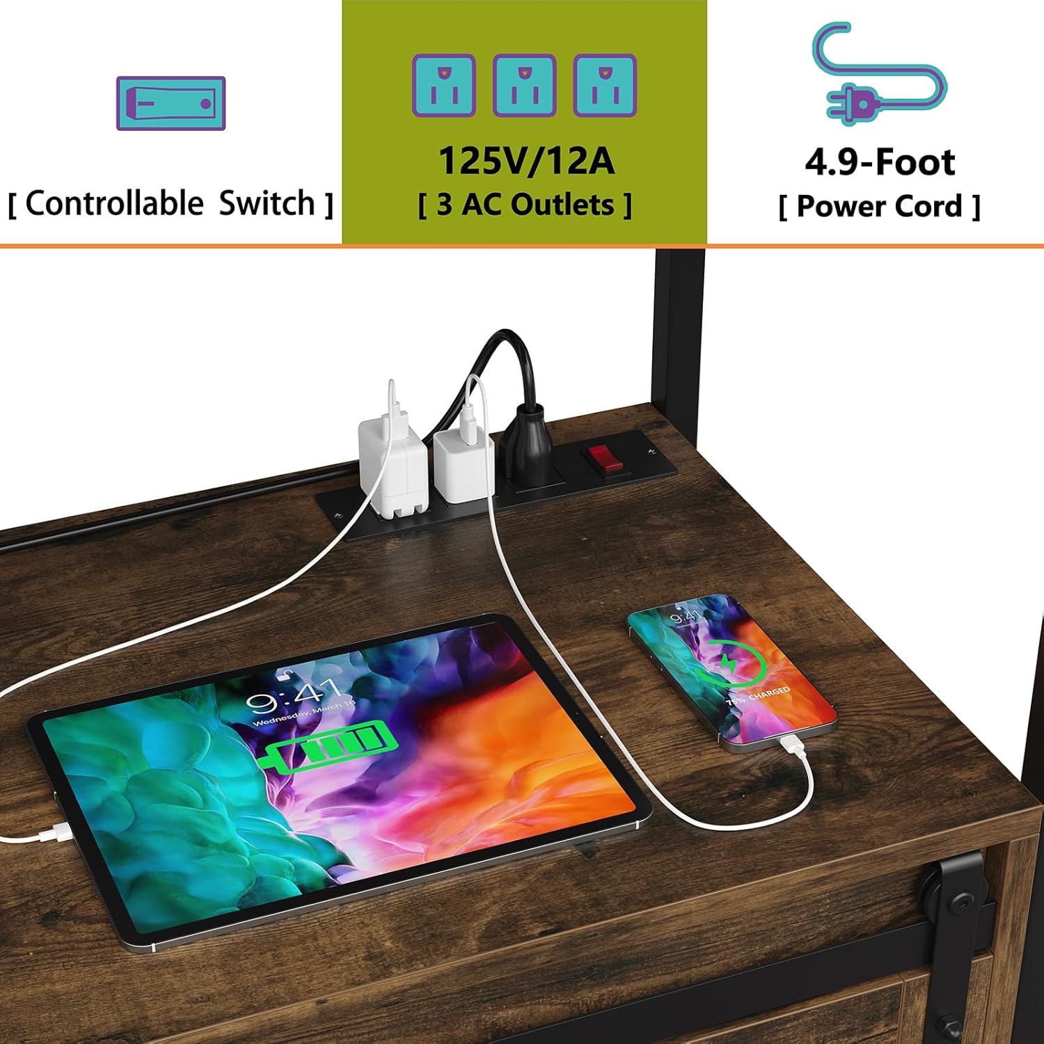 Furniouse 6-Tier Kitchen Bakers Rack with Power Outlet, Industrial Microwave Oven Stand with Shelves, Kitchen Utility Storage Shelf with Cabinet, Standing Storage Rack (Rustic Brown)