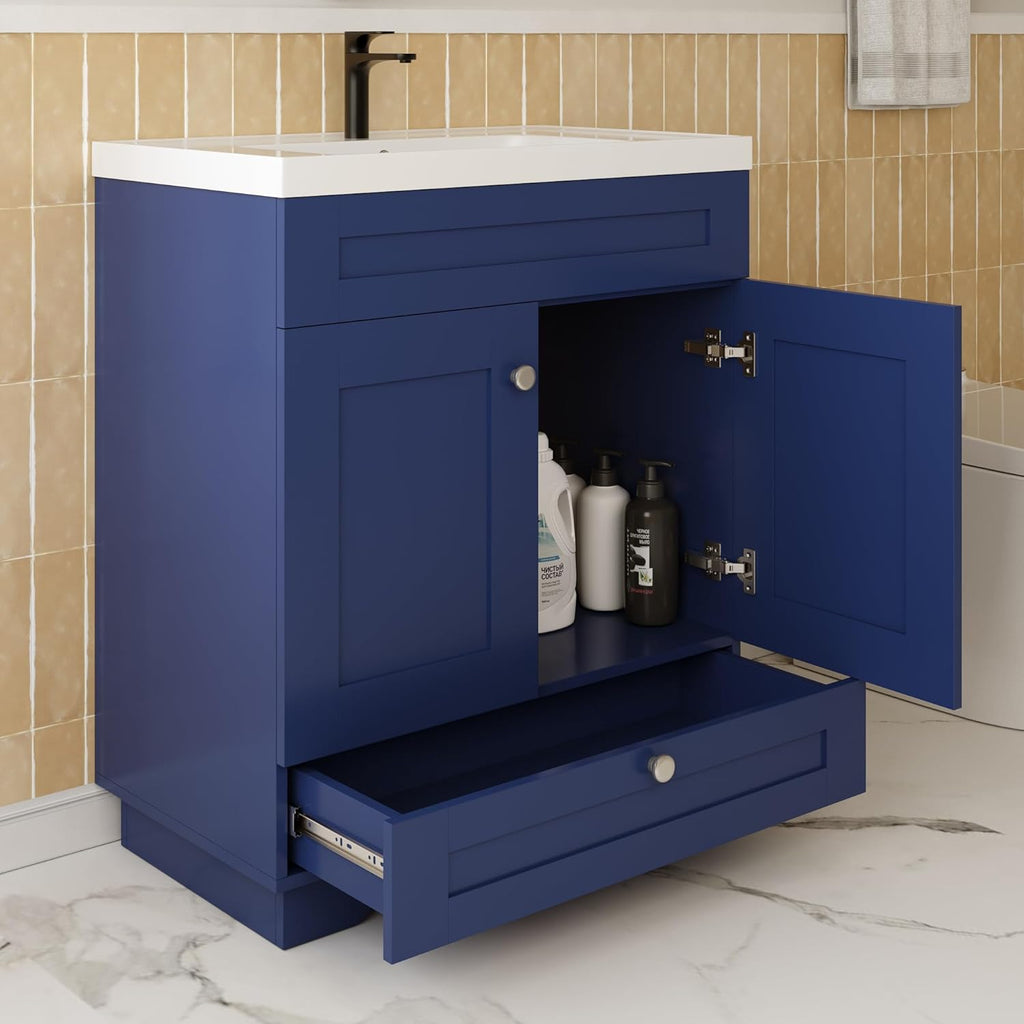 30" Bathroom Vanity Base, Floor Mounted Vanity Base Cabinet with Soft Close Drawer and 2 Doors, Knobs, Navy Blue