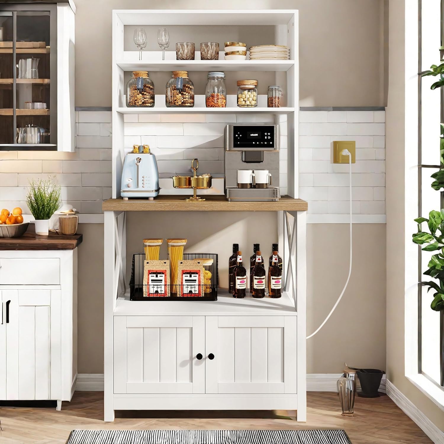 DWVO White Baker Rack with Power Outlet and Storage, Farmhouse Microwave Stand with Door for Kitchen, 5-Tiers Tall Coffee Bar Station Cabinet Thickened Counter with Hutch Shelves