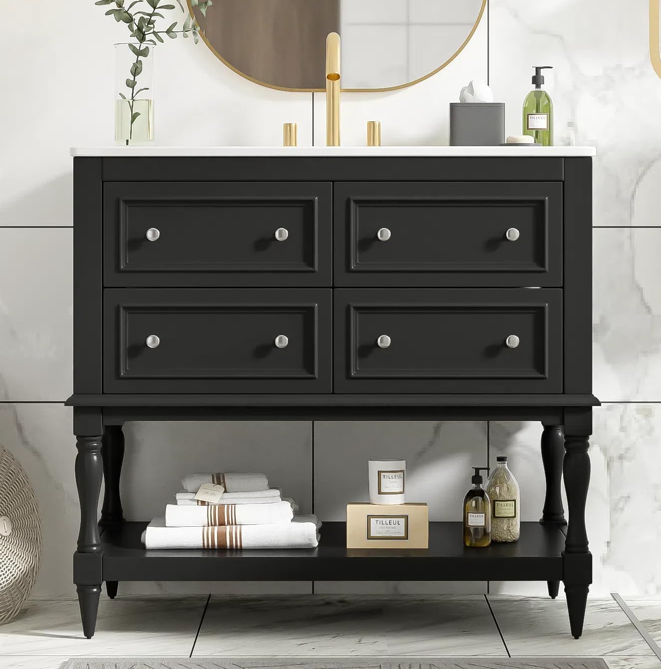 36'' Bathroom Vanity with Single Sink, Freestanding Sink Cabinet with 4 Drawers and Open Shelf, Solid Wood Frame Bathroom Storage Cabinet