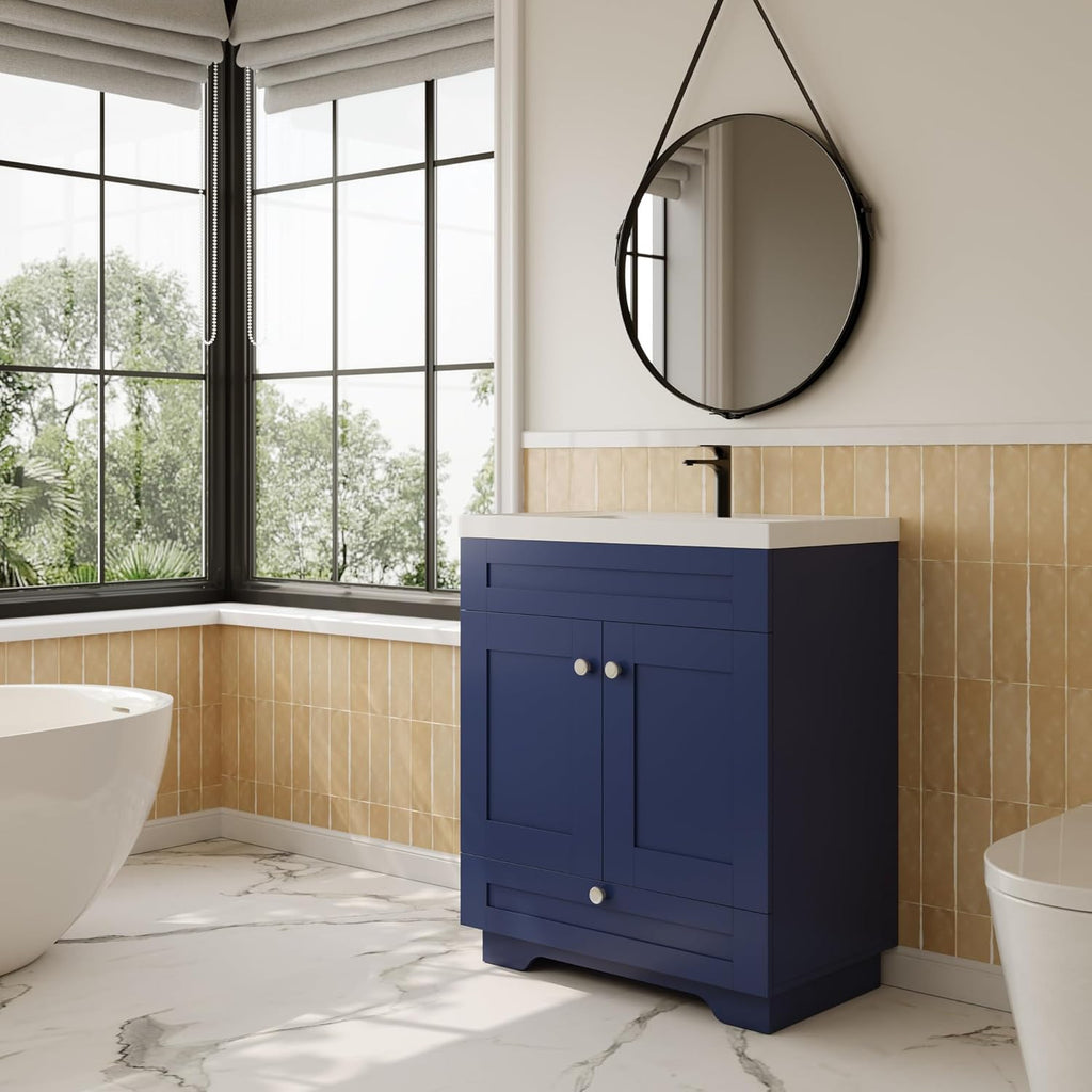 30" Bathroom Vanity Base, Floor Mounted Vanity Base Cabinet with Soft Close Drawer and 2 Doors, Knobs, Navy Blue