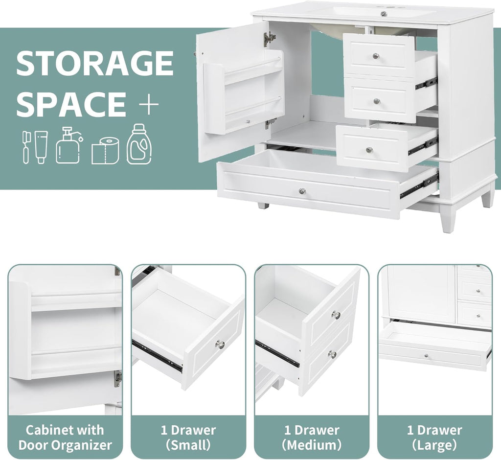 36" Bathroom Vanity with Ceramic Sink, MDF & Solid Wood Base, 3 Drawers and Shelves, Freestanding Vanity Cabinet with 4-Inch Faucet Holes, White Color