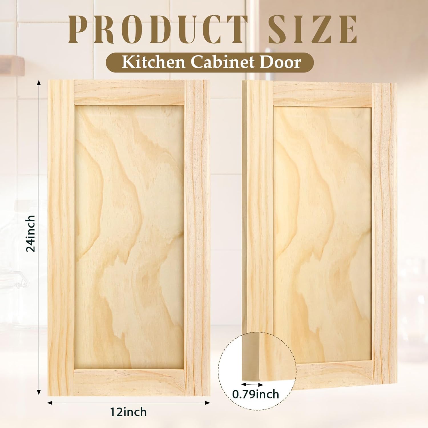 2 Pcs 12'' W x 24'' H Unfinished Pine Kitchen Cabinet Door Replacement with 4 Pcs Cabinet Hinges Wood Shaker Door Front Replacement for Kitchen, Bathroom, Vanity