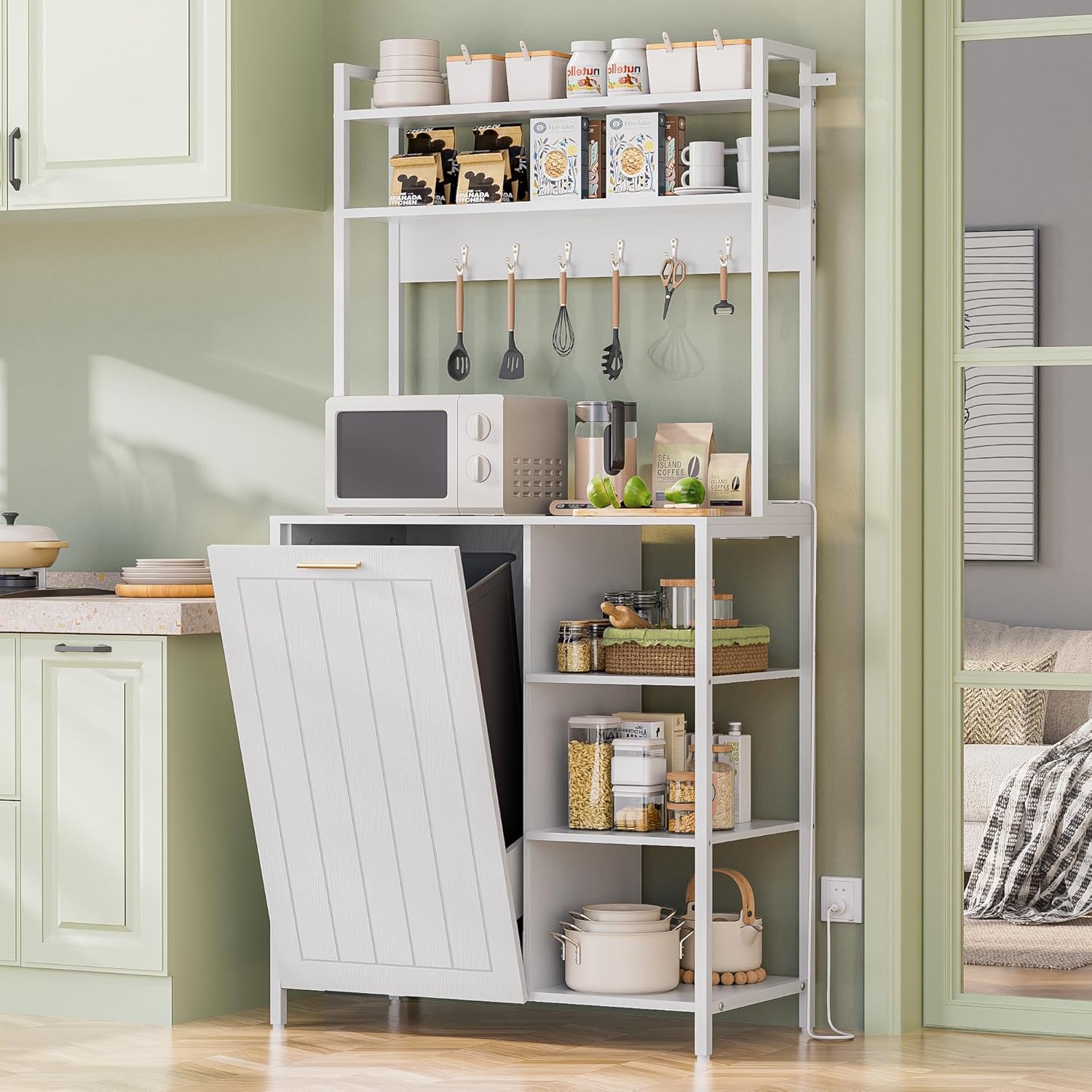 Kitchen Bakers Rack with Storage Shelf - 6-Tier Microwave Stand Oven Cabinet W/Tilting Trash Can Bin and Power Outlet, Farmhouse Thickened Coffee Bar Table Station W/6 Hooks&Adjustable feet