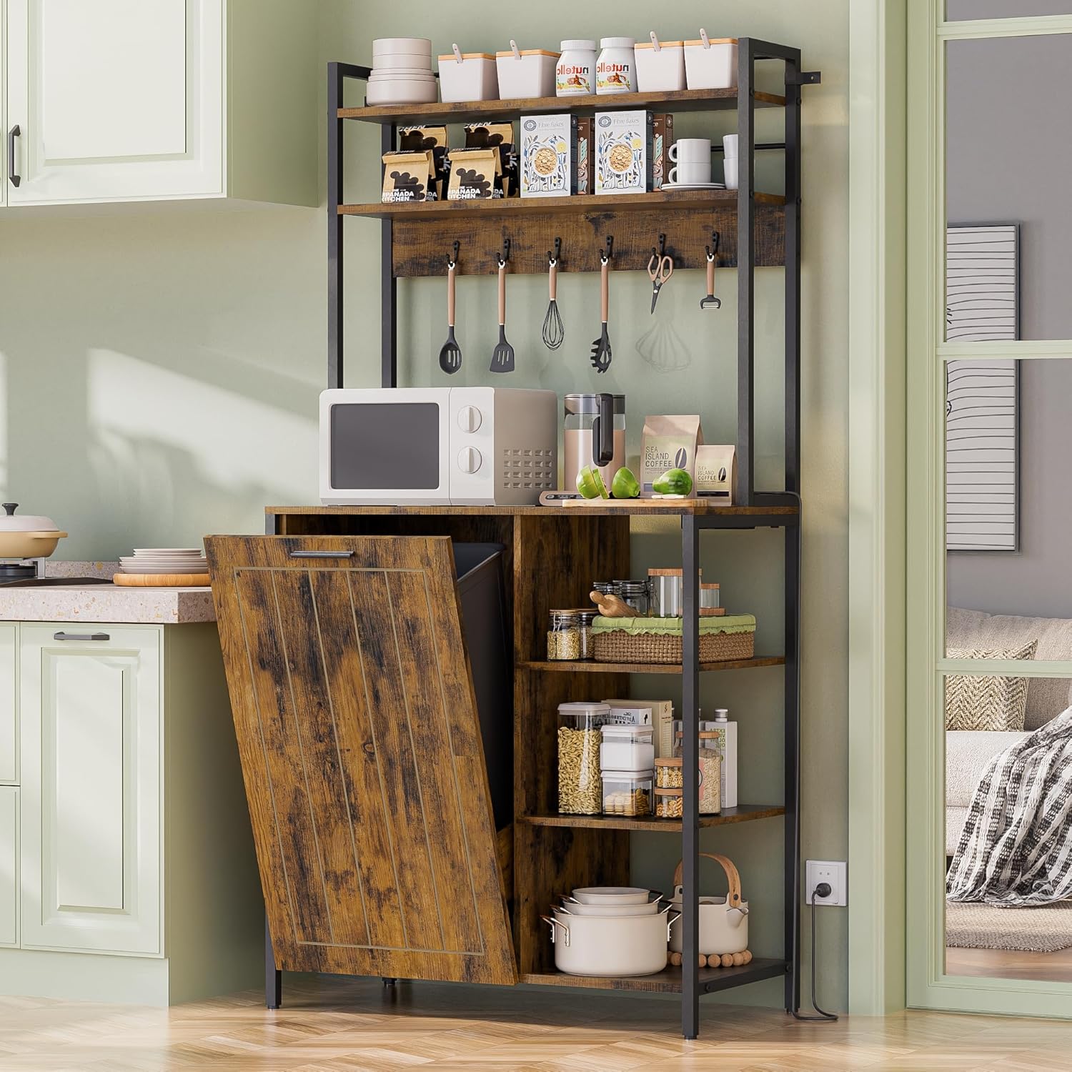 Kitchen Bakers Rack with Storage Shelf - 6-Tier Microwave Stand Oven Cabinet W/Tilting Trash Can Bin and Power Outlet, Farmhouse Thickened Coffee Bar Table Station W/6 Hooks&Adjustable feet