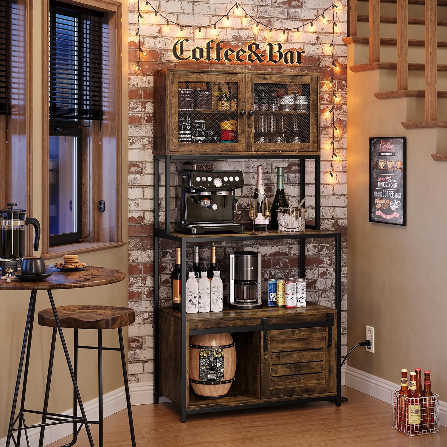 Furniouse 6-Tier Kitchen Bakers Rack with Power Outlet, Industrial Microwave Oven Stand with Shelves, Kitchen Utility Storage Shelf with Cabinet, Standing Storage Rack (Rustic Brown)