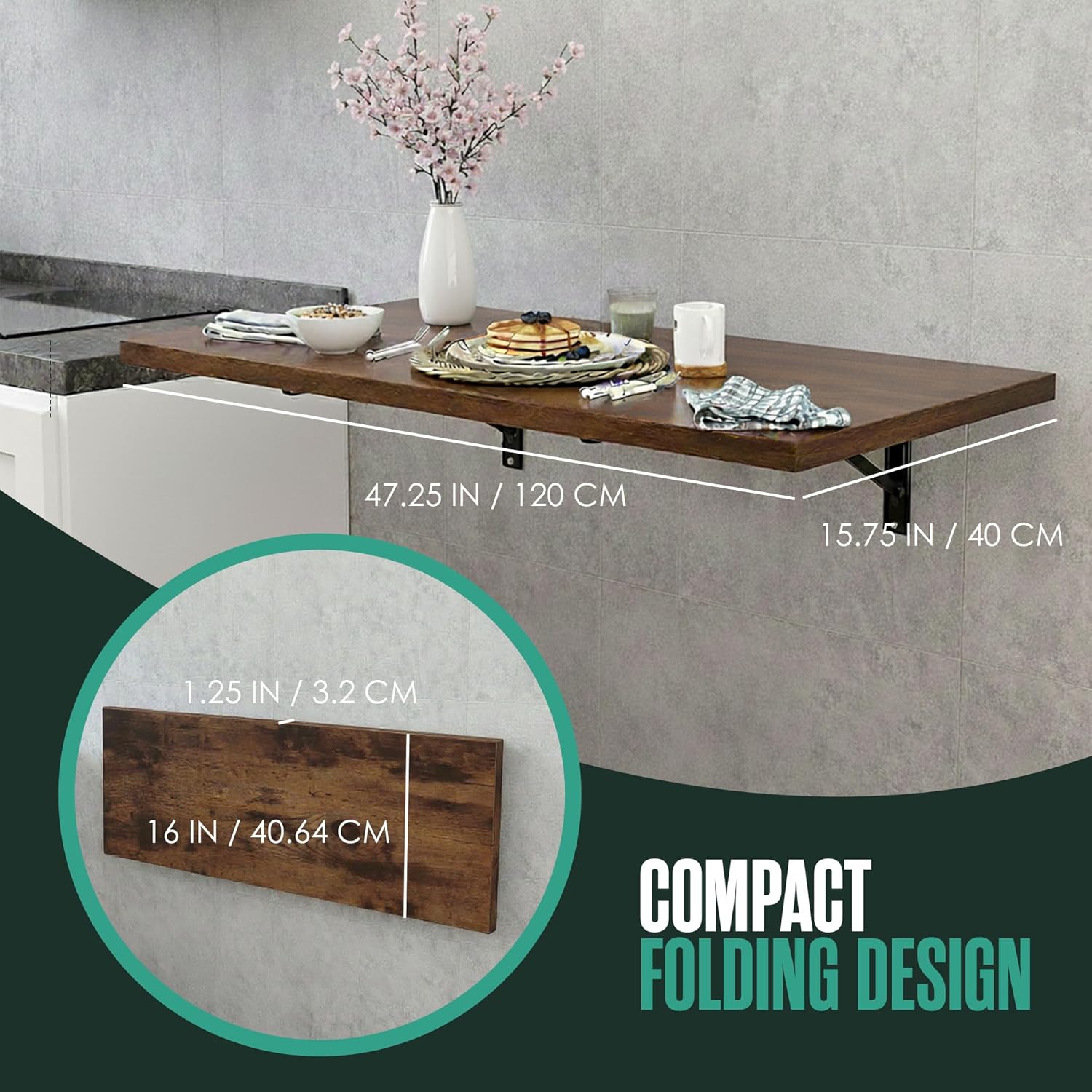 Houseables Wall Mounted Desk, Murphy Desk, Wall Mounted Folding Table, Laundry Folding Table, Fold Down Work Bench, Foldable Mount Station, Floating Bar, Hanging, Dining, Kitchen, Clothes, 48x16 Brown
