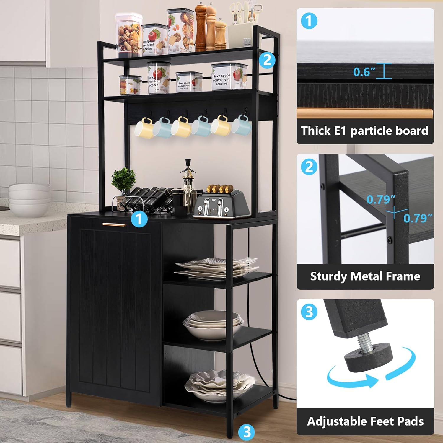Kitchen Bakers Rack with Storage Shelf - 6-Tier Microwave Stand Oven Cabinet W/Tilting Trash Can Bin and Power Outlet, Farmhouse Thickened Coffee Bar Table Station W/6 Hooks&Adjustable feet