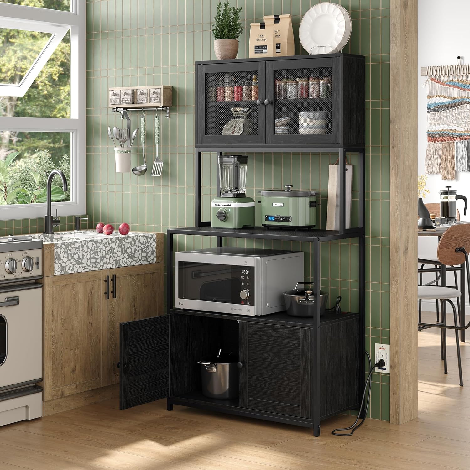 Furniouse 6-Tier Kitchen Bakers Rack with Power Outlet, Industrial Microwave Oven Stand with Shelves, Kitchen Utility Storage Shelf with Cabinet, Standing Storage Rack (Rustic Brown)