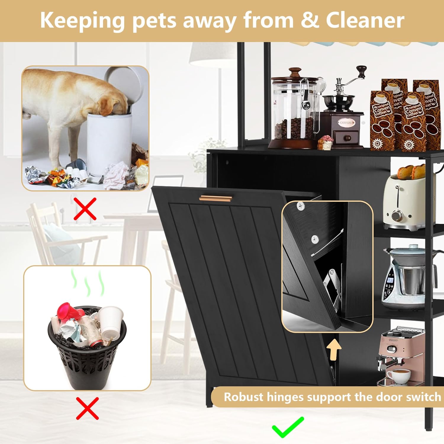 Kitchen Bakers Rack with Storage Shelf - 6-Tier Microwave Stand Oven Cabinet W/Tilting Trash Can Bin and Power Outlet, Farmhouse Thickened Coffee Bar Table Station W/6 Hooks&Adjustable feet