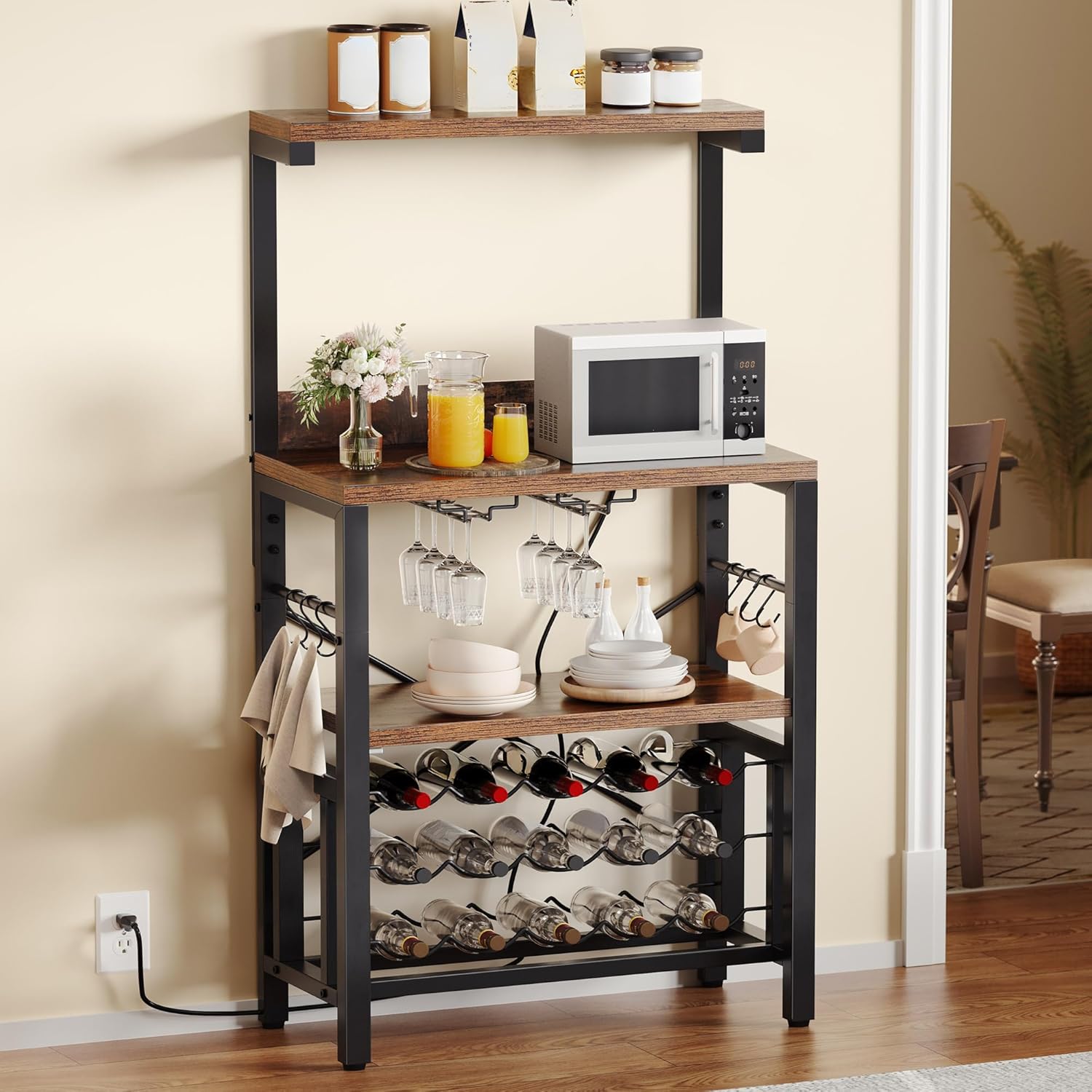 DWVO White Baker Rack with Power Outlet and Storage, Farmhouse Microwave Stand with Door for Kitchen, 5-Tiers Tall Coffee Bar Station Cabinet Thickened Counter with Hutch Shelves