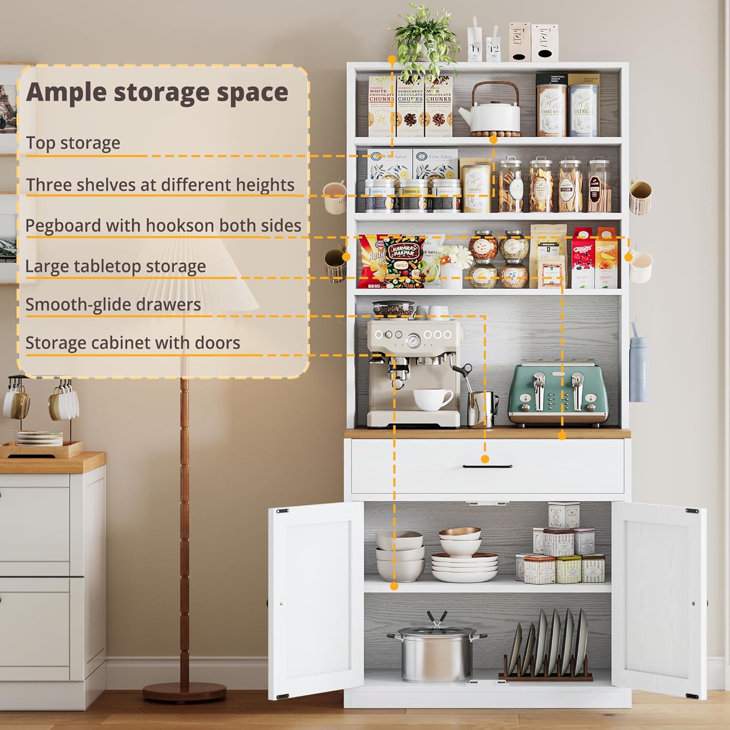 IRONCK Bakers Rack Microwave Stand with Storage and Pegboard, 71" Farmhouse Coffee Bar Cabinet with Drawer, Barn Doors, Adjustable Shelves for Kitchen, Dining Room, Living Room, White