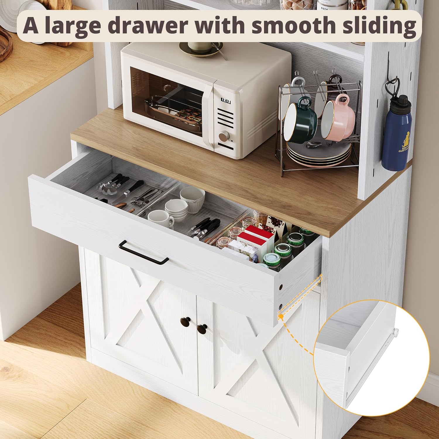 IRONCK Bakers Rack Microwave Stand with Storage and Pegboard, 71" Farmhouse Coffee Bar Cabinet with Drawer, Barn Doors, Adjustable Shelves for Kitchen, Dining Room, Living Room, White