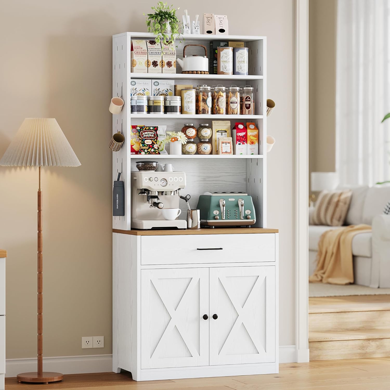 IRONCK Bakers Rack Microwave Stand with Storage and Pegboard, 71" Farmhouse Coffee Bar Cabinet with Drawer, Barn Doors, Adjustable Shelves for Kitchen, Dining Room, Living Room, White