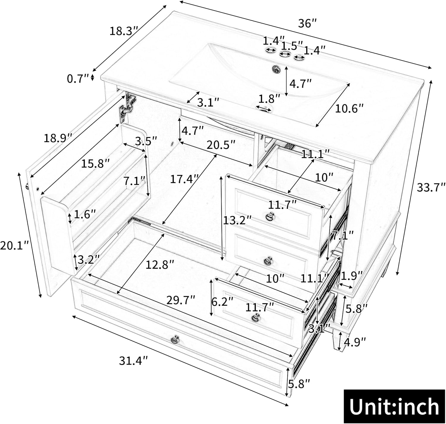 36" Bathroom Vanity with Ceramic Sink, MDF & Solid Wood Base, 3 Drawers and Shelves, Freestanding Vanity Cabinet with 4-Inch Faucet Holes, White Color