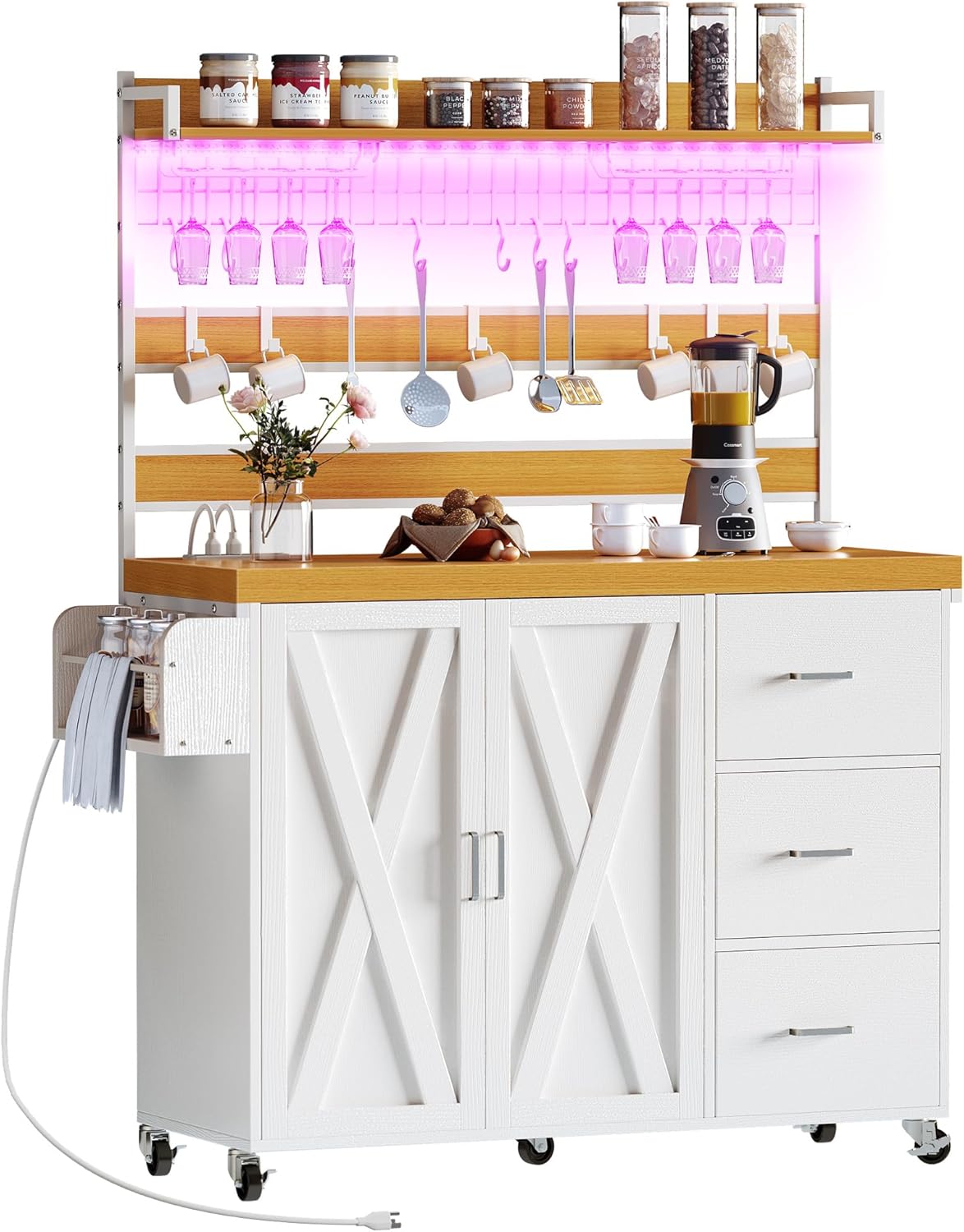 DWVO Farmhouse Bakers Rack with Power Outlet and LED Light, 53 inch Coffee Bar Cabinet Station with Storage, Microwave Stand on Wheels, with Wine Racks, Shelves, Goblet Holder and 14-S Hooks (White)
