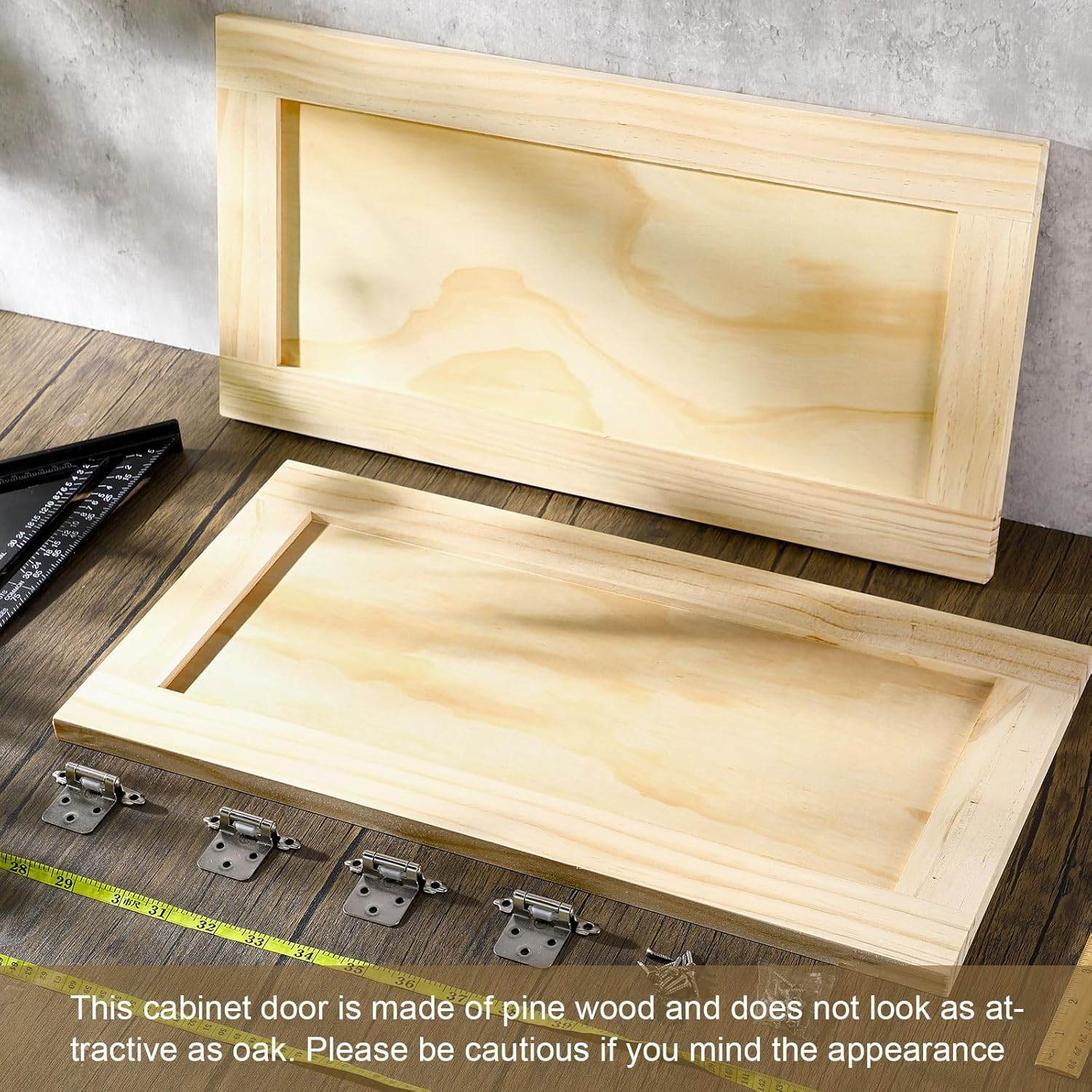 2 Pcs 12'' W x 24'' H Unfinished Pine Kitchen Cabinet Door Replacement with 4 Pcs Cabinet Hinges Wood Shaker Door Front Replacement for Kitchen, Bathroom, Vanity