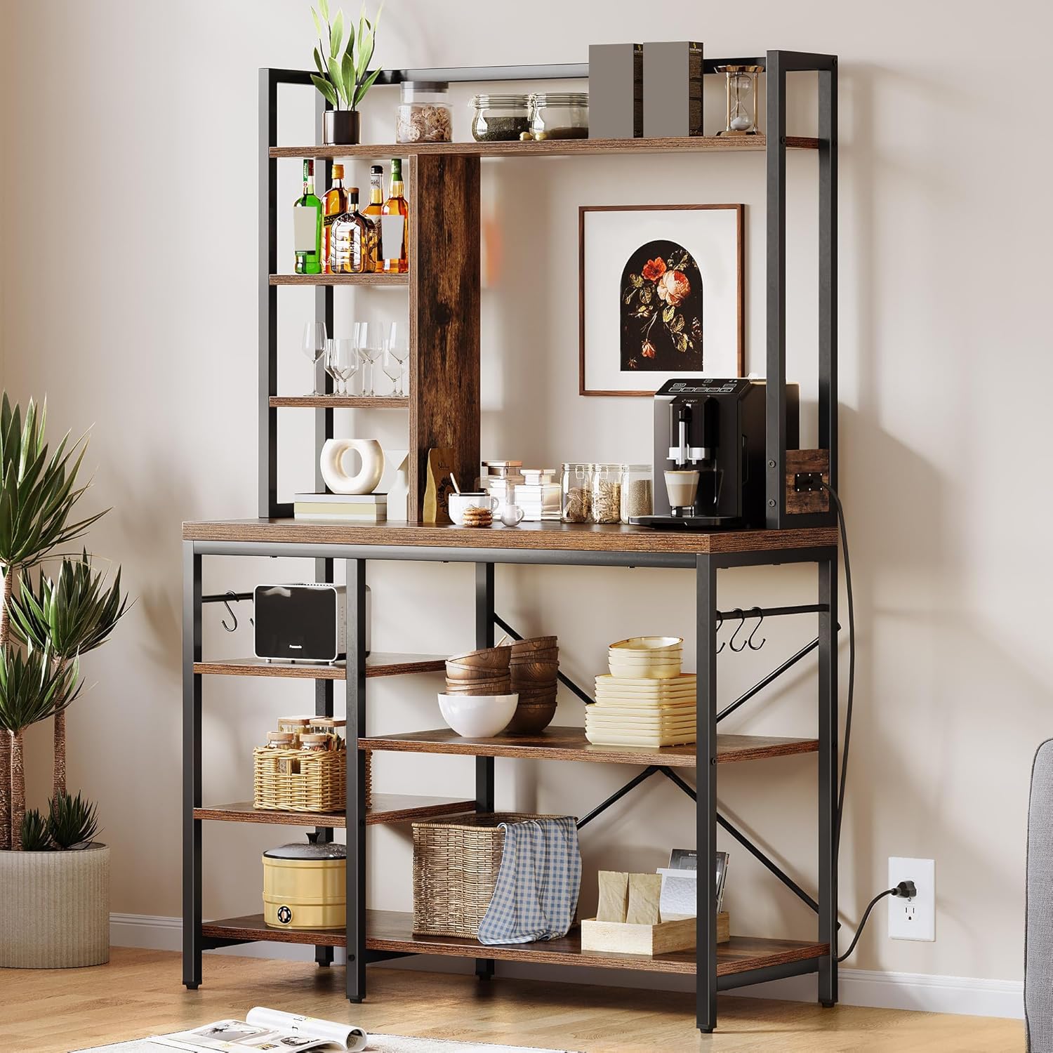 DWVO White Baker Rack with Power Outlet and Storage, Farmhouse Microwave Stand with Door for Kitchen, 5-Tiers Tall Coffee Bar Station Cabinet Thickened Counter with Hutch Shelves