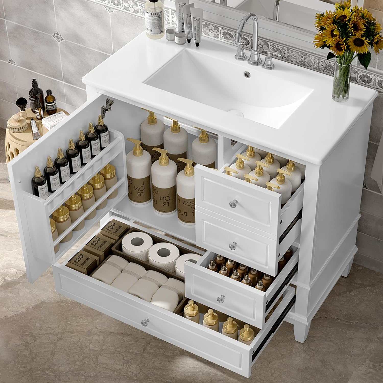 36" Bathroom Vanity with Ceramic Sink, MDF & Solid Wood Base, 3 Drawers and Shelves, Freestanding Vanity Cabinet with 4-Inch Faucet Holes, White Color
