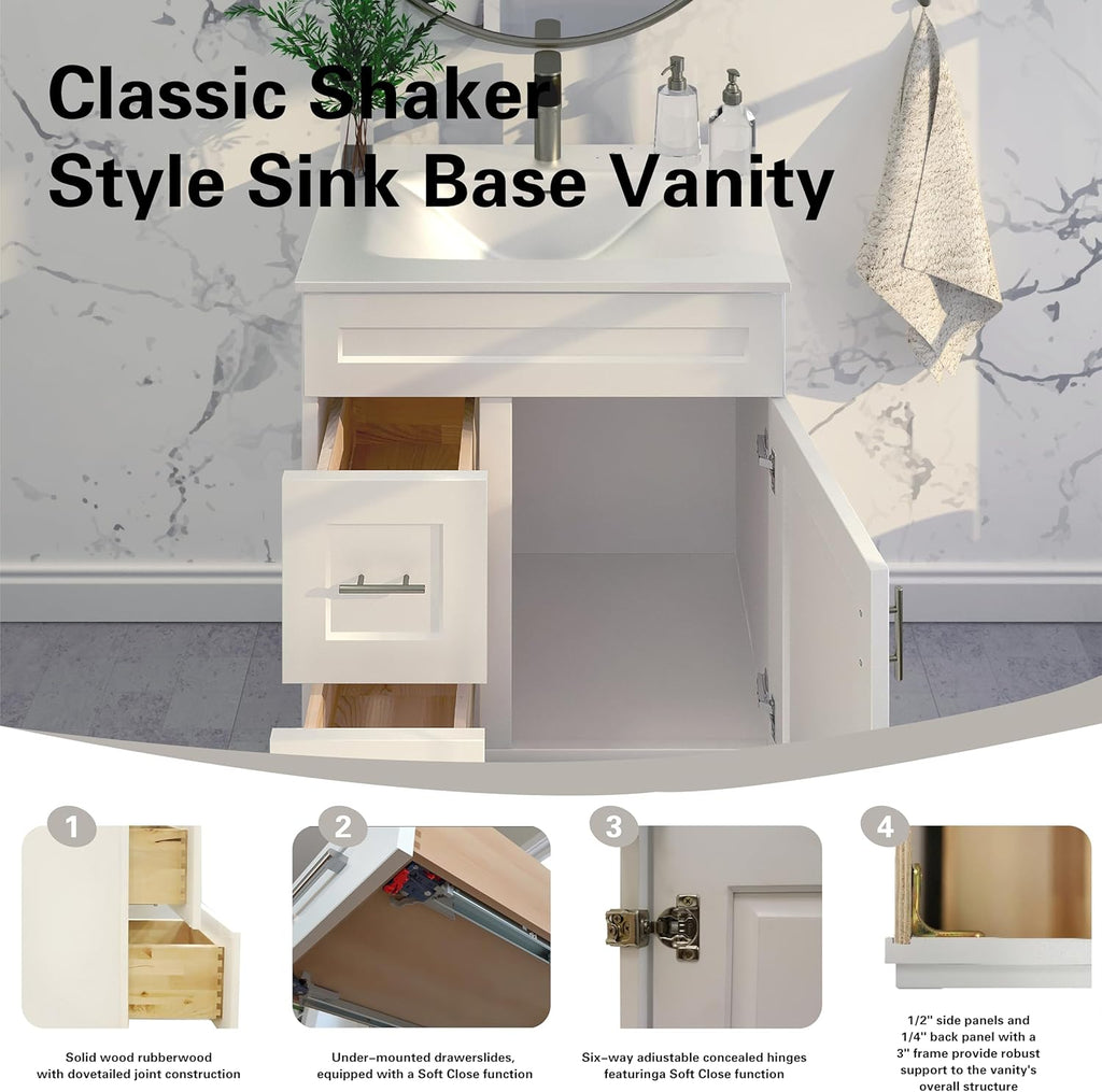 30" Shaker Bathroom Vanity Sink Base with Drawers (Ready-to-Assemble) (White Shaker Vanity Base)