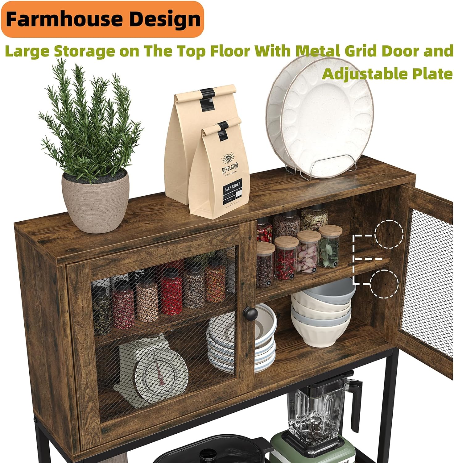 Furniouse 6-Tier Kitchen Bakers Rack with Power Outlet, Industrial Microwave Oven Stand with Shelves, Kitchen Utility Storage Shelf with Cabinet, Standing Storage Rack (Rustic Brown)