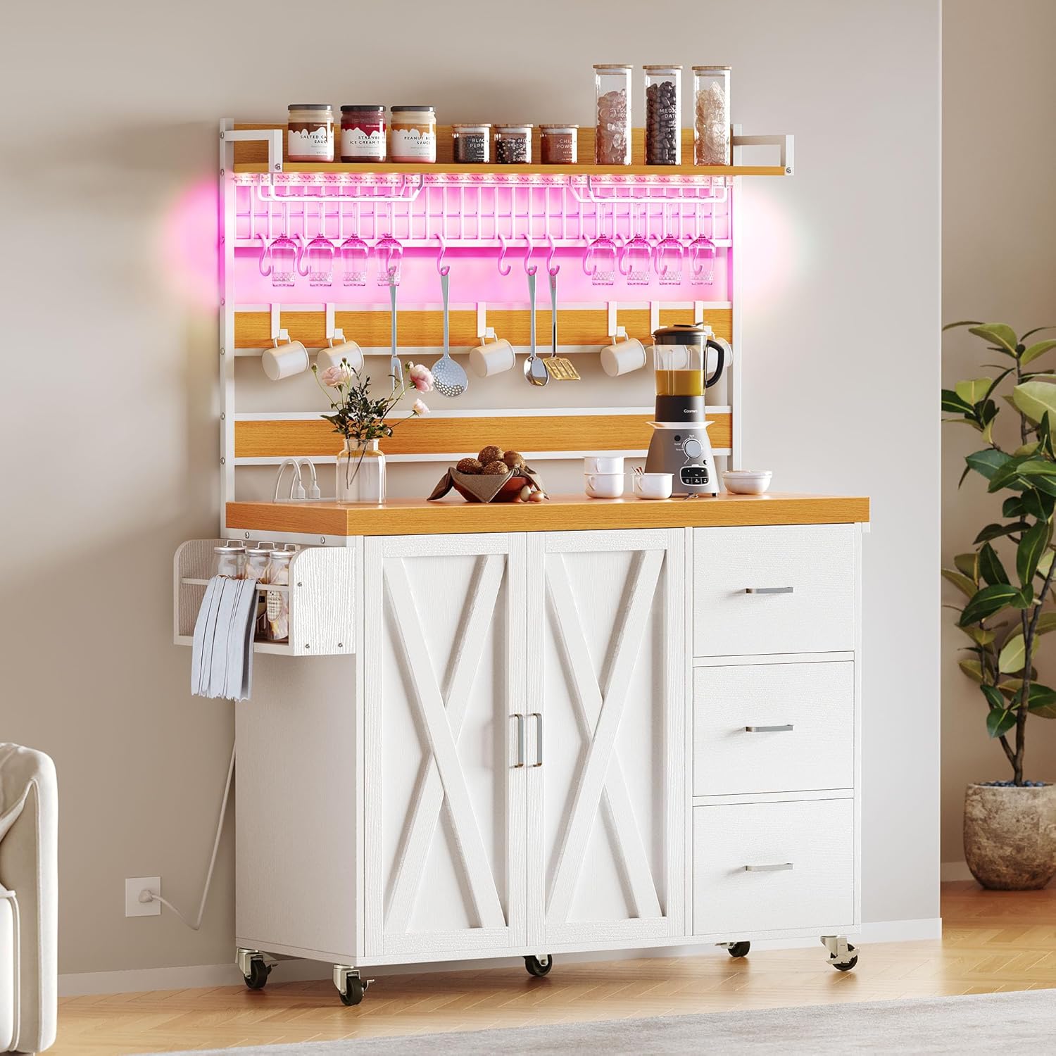 DWVO Farmhouse Bakers Rack with Power Outlet and LED Light, 53 inch Coffee Bar Cabinet Station with Storage, Microwave Stand on Wheels, with Wine Racks, Shelves, Goblet Holder and 14-S Hooks (White)