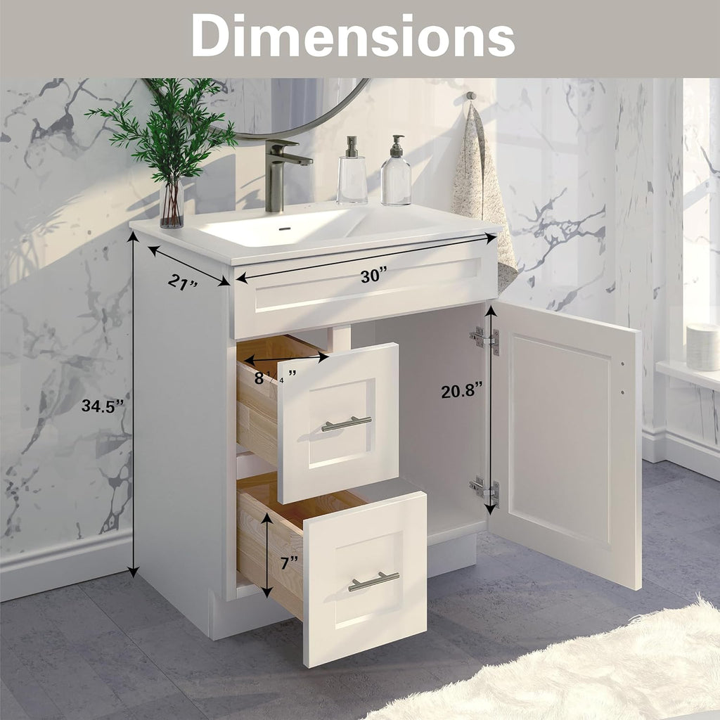 30" Shaker Bathroom Vanity Sink Base with Drawers (Ready-to-Assemble) (White Shaker Vanity Base)