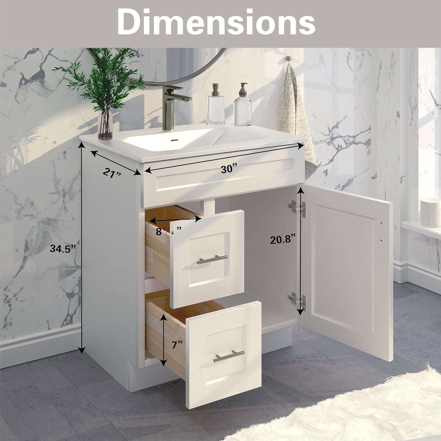 30" Shaker Bathroom Vanity Sink Base with Drawers (Ready-to-Assemble) (White Shaker Vanity Base)