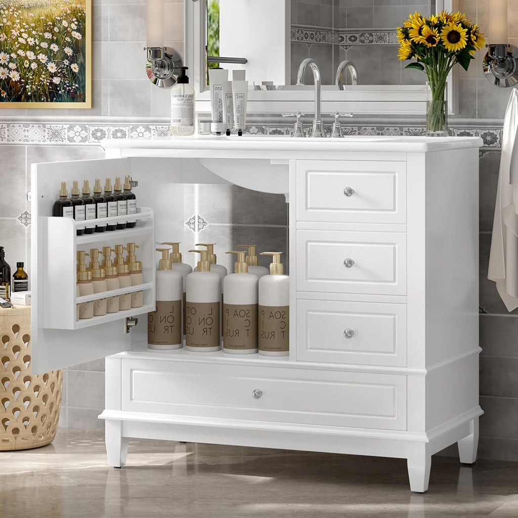 36" Bathroom Vanity with Ceramic Sink, MDF & Solid Wood Base, 3 Drawers and Shelves, Freestanding Vanity Cabinet with 4-Inch Faucet Holes, White Color