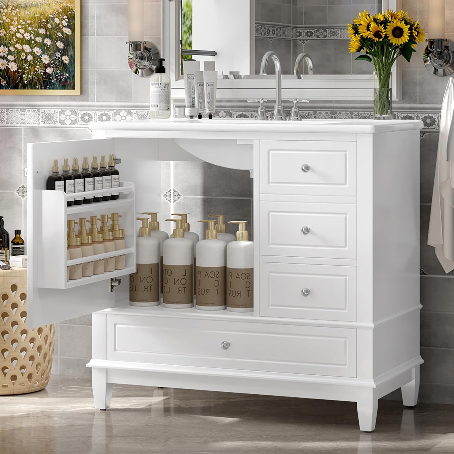 36" Bathroom Vanity with Ceramic Sink, MDF & Solid Wood Base, 3 Drawers and Shelves, Freestanding Vanity Cabinet with 4-Inch Faucet Holes, White Color