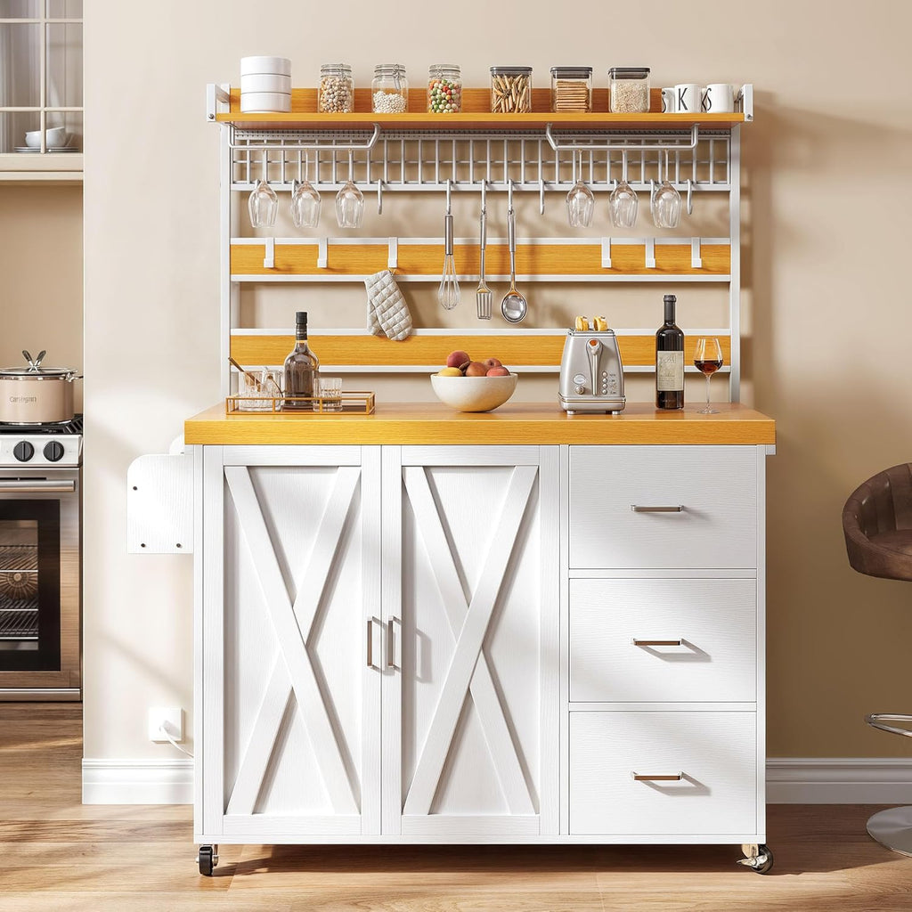 DWVO Farmhouse Bakers Rack with Power Outlet and LED Light, 53 inch Coffee Bar Cabinet Station with Storage, Microwave Stand on Wheels, with Wine Racks, Shelves, Goblet Holder and 14-S Hooks (White)