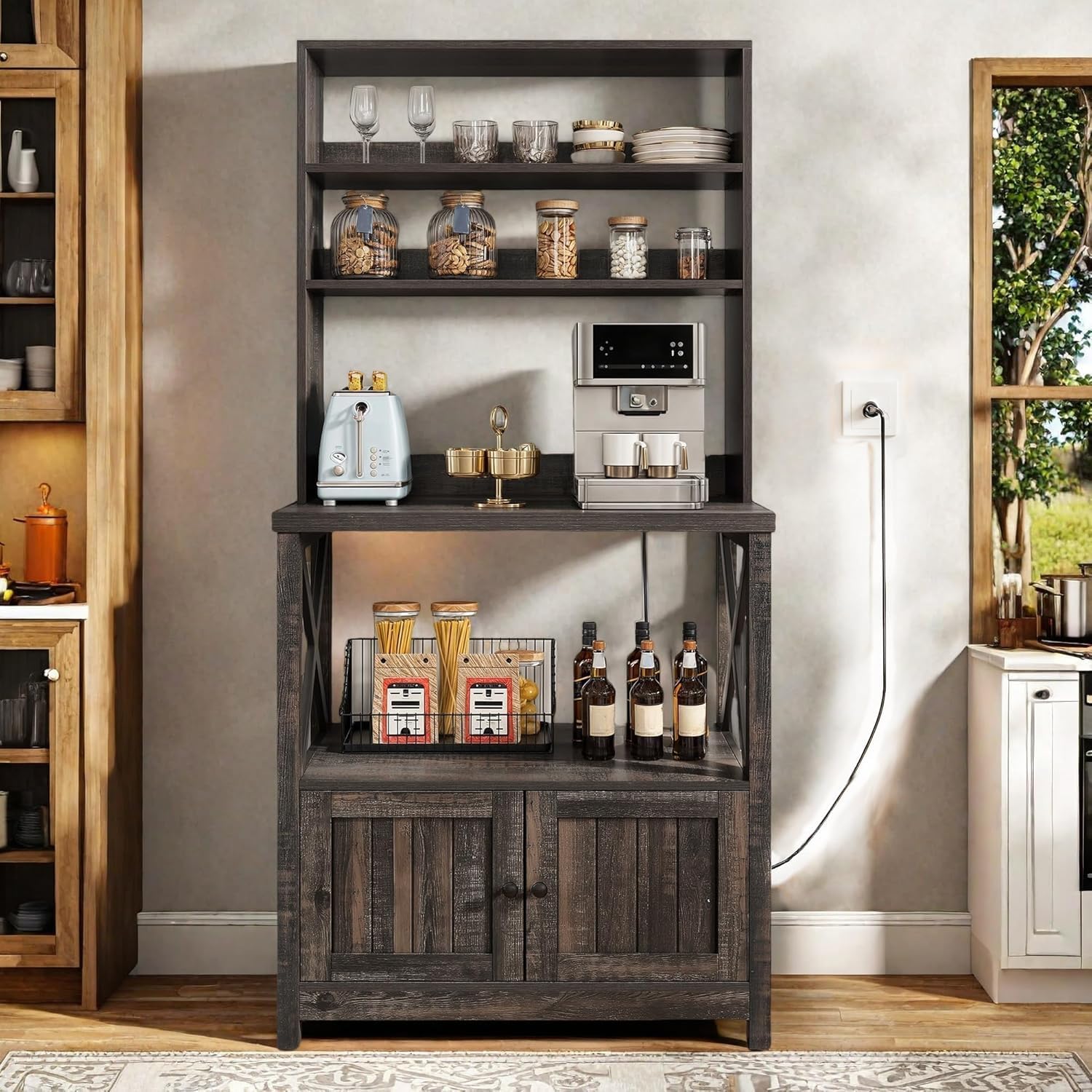 DWVO White Baker Rack with Power Outlet and Storage, Farmhouse Microwave Stand with Door for Kitchen, 5-Tiers Tall Coffee Bar Station Cabinet Thickened Counter with Hutch Shelves